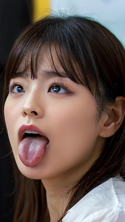 ,1 Girl、Taylor Hill、1 Girl、超High resolution, retina, Accurate, masterpiece, Anatomically correct, Super detailed, Textured skin, Attention to detail, high quality, High resolution, 8K、Big double eyes、nose、The focus is on the mouth、close-up focus on face、Woman with open mouth and closed eyes、18-year-old、Brown Hair、tongue out, tongue, Saliva trace,, Ahegao, long tongue, Gray background,Half Backlight,
