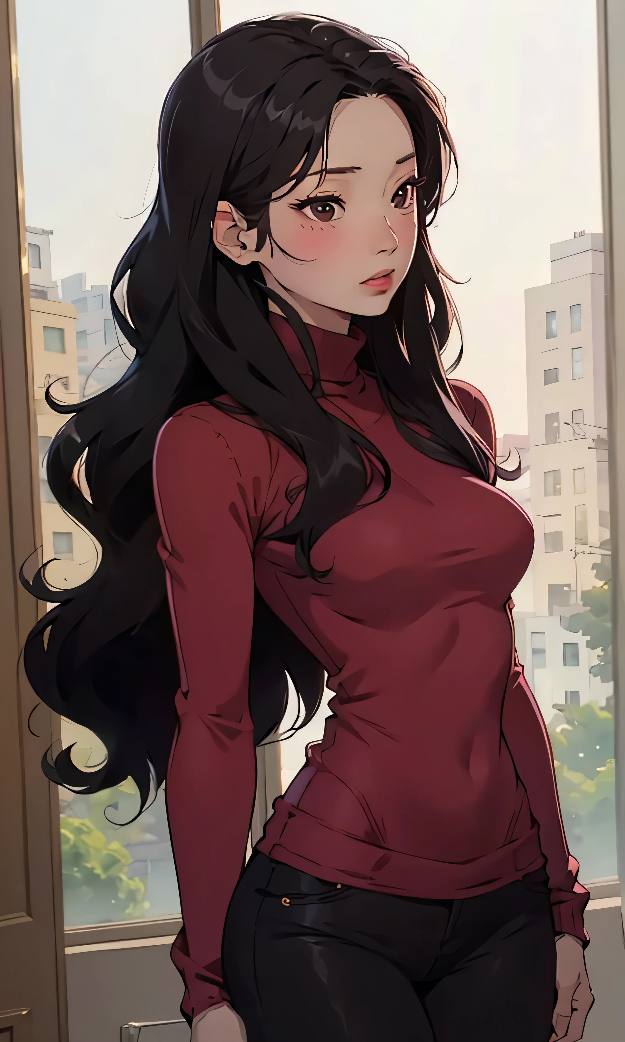 masterpiece, high detail, Dahyun, a beautiful girl , Korean, thin and tall, long black hair, wavy hair , black eyes, round eyes, black sweater pants , short negro, he would be, blush, Body body, head on