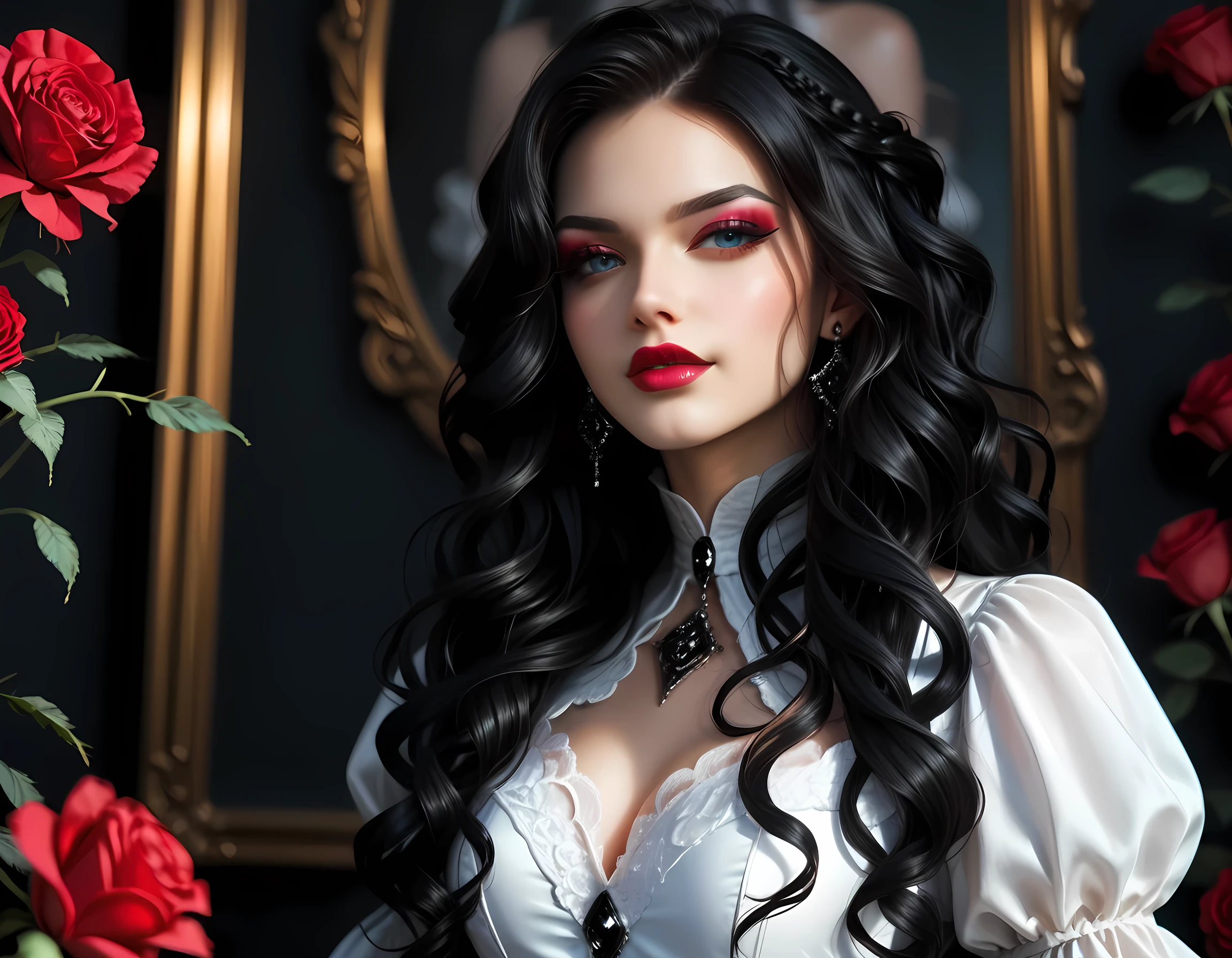 score_9, score_8_up, score_7_up, realistic, fantasy art, goth art, a picture of a goth woman, pale white skin, Ultra detailed face, Best Detailed face, black hair, long hair, wavy hair, blue eyes, she wears a white leather dress, there are roses imprinted on the dress, red roses, high heels, full body shot, dark glamour shot