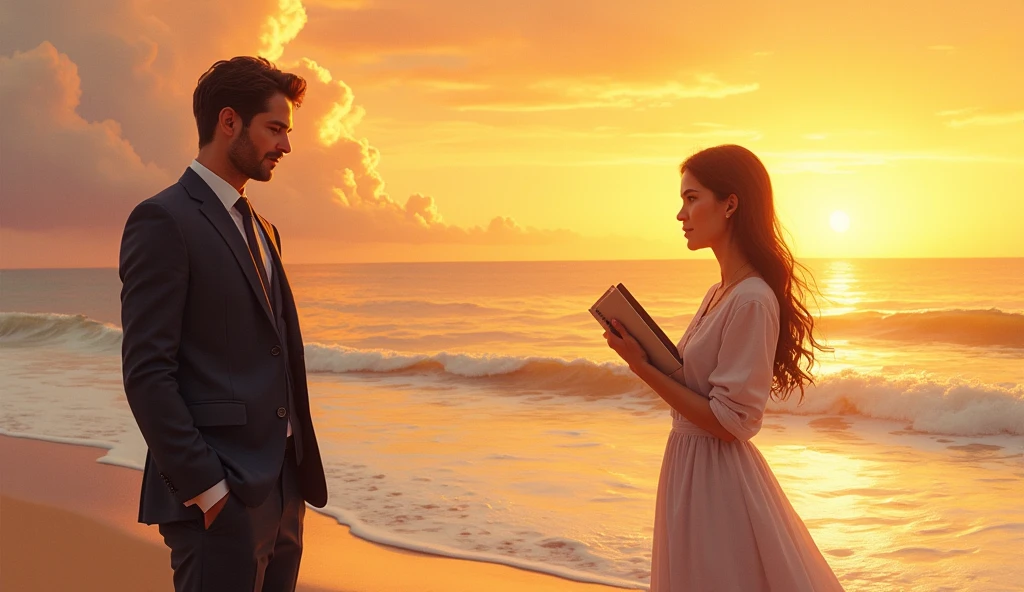 Giant open book floating diagonal on ocean sunrise. Woman in dress standing on left page of open book. Man sitting on right page of open book