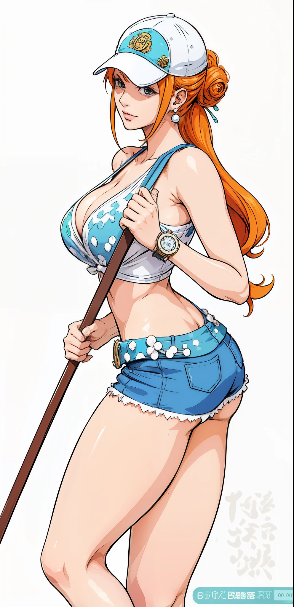 a cartoon picture of a woman in a bikini top and jeans, nami one piece, nami from one piece, nami, beautiful portrait of nami, from one piece, oppai, blue eyes, smoking, ponytail