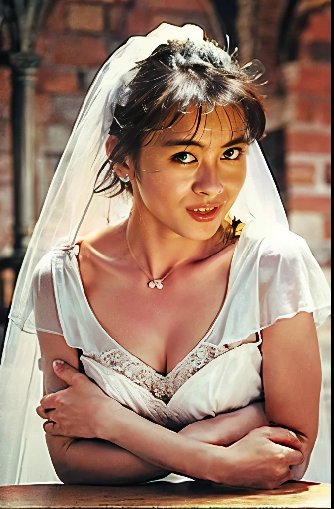 naked,Like the whole body," shape, Bride's outfit without shoulder straps,small silver tiara,huge ,sloppy and droopy breasts, Her heavy breasts are almost completely exposed ,Fully visible bust,Sheer princess skirt,Church wedding,There is a large crowd of participants behind you, Perfect body, (Highest quality, 4K, 8K, High resolution, Tabletop:1.2), Super detailed, (Realistic, Realistic, Photorealistic:1.37), Royal, Enchanting, (Vibrant colors, Sharp Chest:1.1), Soft lighting", Transparent Dress. No underwear, See-through loincloth, Deep cleavage. nakedの太もも. Fishnet bra. (((Bushy pubic hair and pussy exposed)))