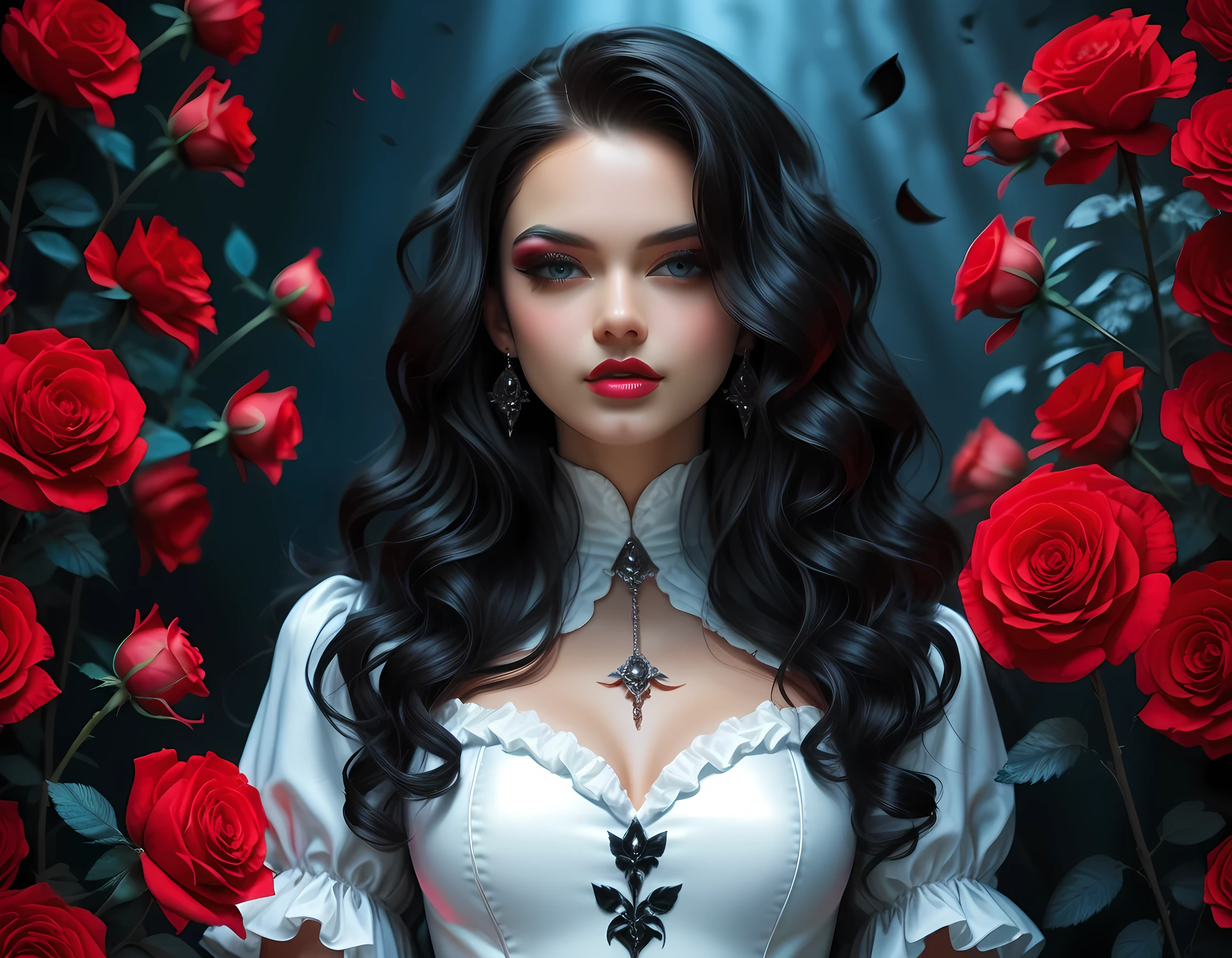 score_9, score_8_up, score_7_up, realistic, fantasy art, goth art, a portrait of a goth woman, pale white skin, Ultra detailed face, Best Detailed face, black hair, long hair, wavy hair, blue eyes, she wears a white leather dress, there are roses imprinted on the dress, red roses, high heels, full body shot, dark glamour shot
