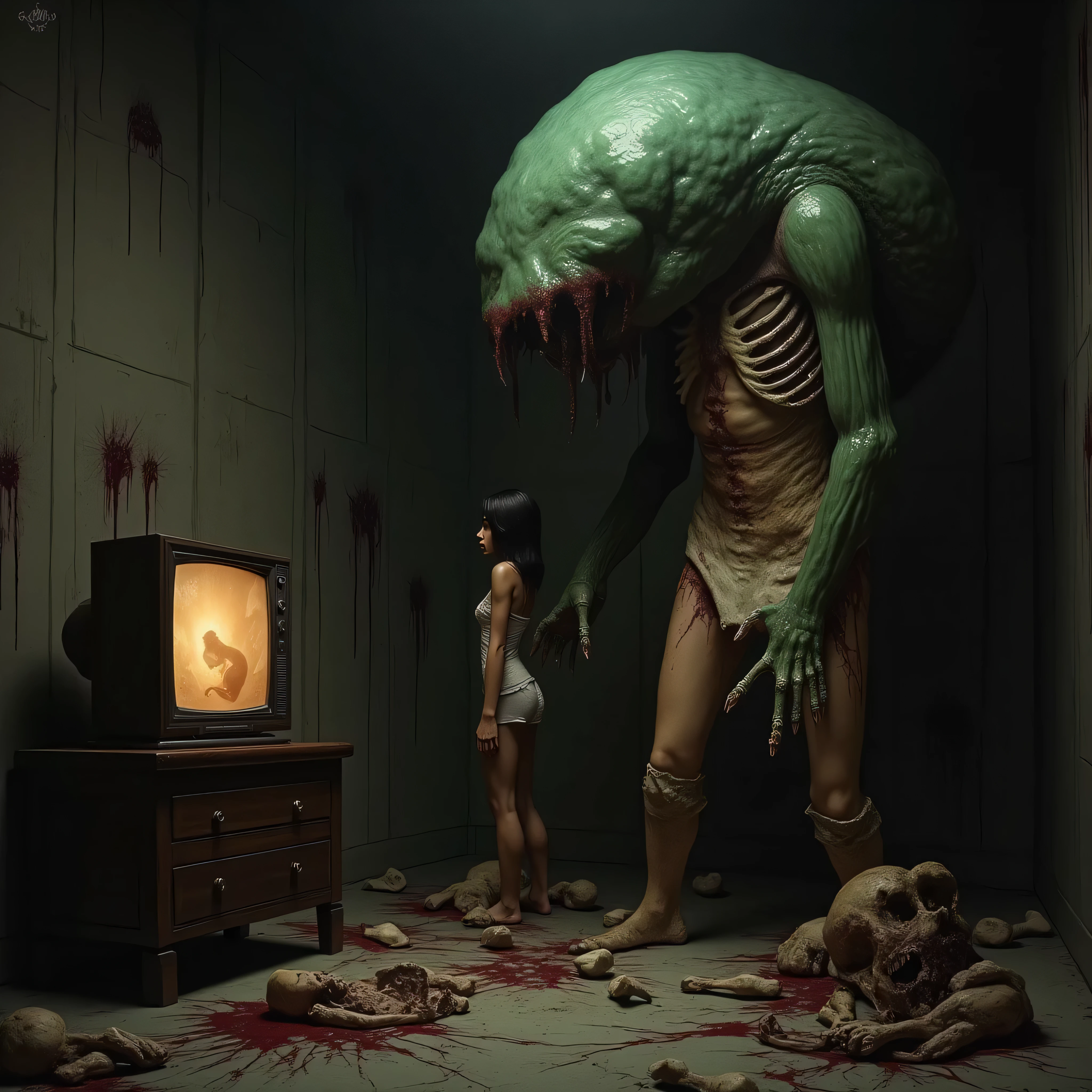 "(the best lighting, HIGH CONTRAST, dark, dramatic),(Woman next to an alien giant jelly vagina, Open the rib cage, fetus, autopsy, human bones, blood on the walls), tv on . Light Caravaggio"
