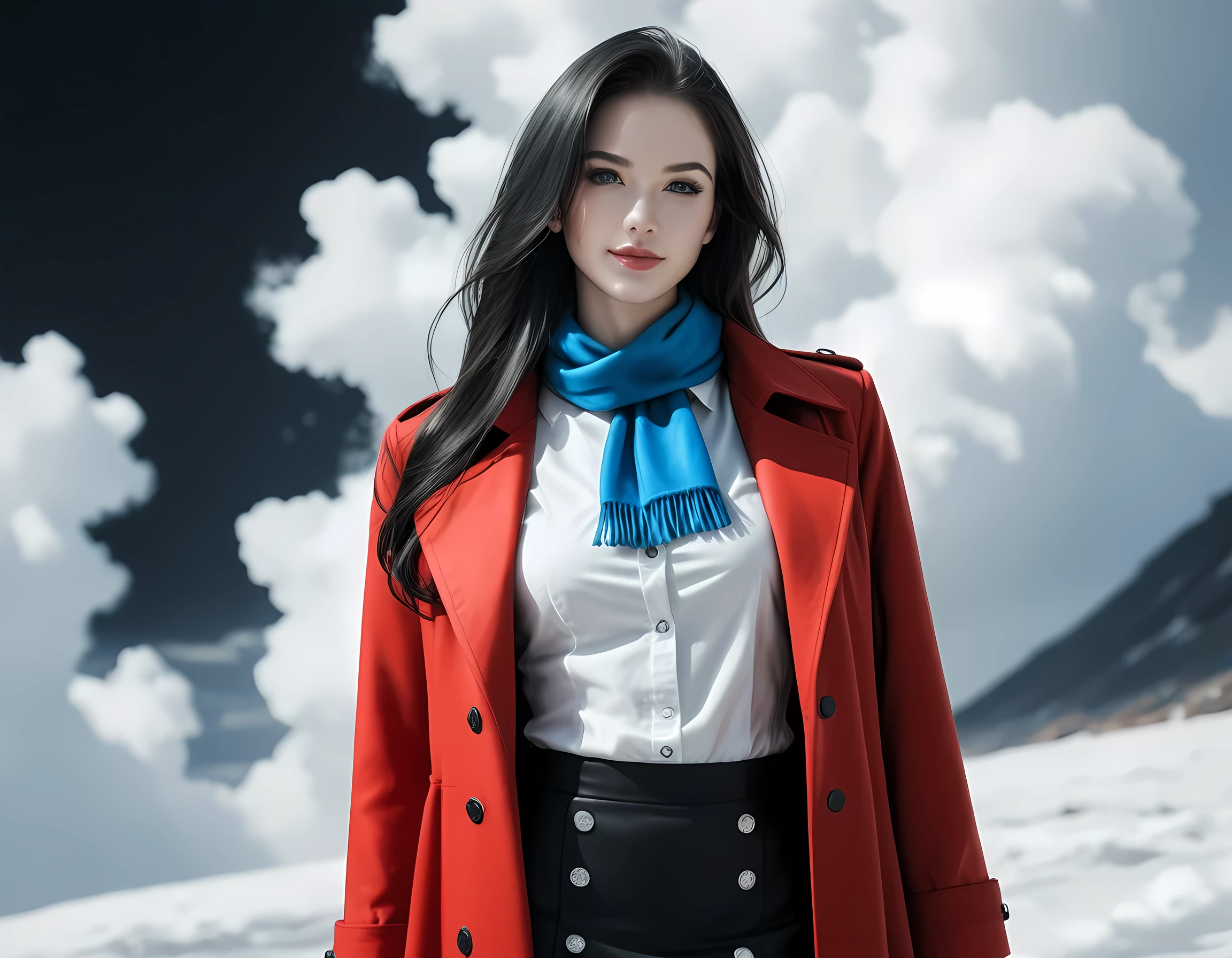 score_9, score_8_up, score_7_up, realistic, (black and white art: 1.5) mostly black and white, a picture of a beautiful woman, long hair hair, blue eyes, wearing red trench coat, wearing a skirt, wearing white button shirt, wearing a blue scarf, it is cloudy day (only colors are the coat and the eyes)
