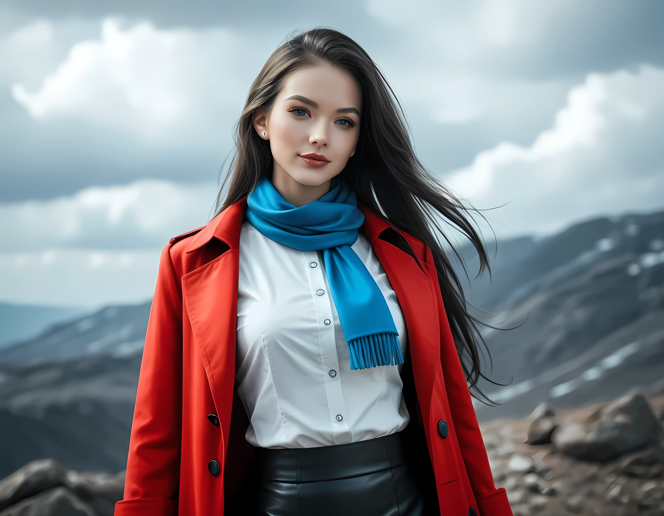 score_9, score_8_up, score_7_up, realistic, (black and white art: 1.5) mostly black and white, a picture of a beautiful woman, long hair hair, blue eyes, wearing red trench coat, wearing a skirt, wearing white button shirt, wearing a blue scarf, it is cloudy day (only colors are the coat and the eyes)