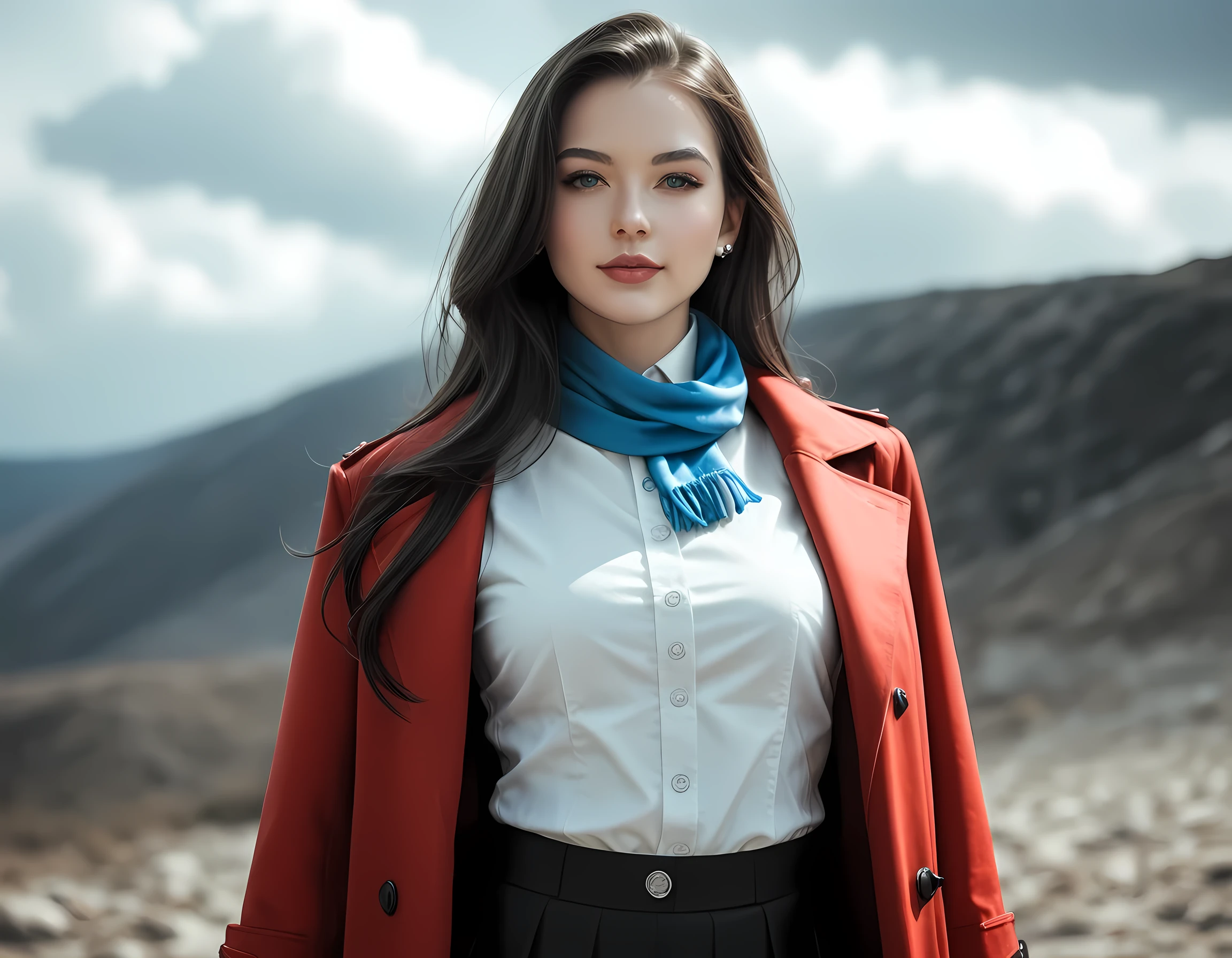 score_9, score_8_up, score_7_up, realistic, (black and white art: 1.5) mostly black and white, a picture of a beautiful woman, long hair hair, blue eyes, wearing red trench coat, wearing a skirt, wearing white button shirt, wearing a blue scarf, it is cloudy day (only colors are the coat and the eyes)