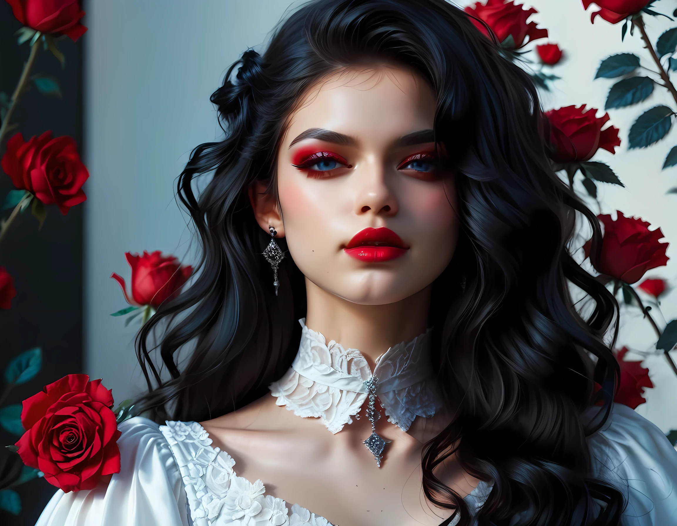 score_9, score_8_up, score_7_up, realistic, fantasy art, goth art, a portrait of a goth woman, pale white skin, Ultra detailed face, Best Detailed face, black hair, long hair, wavy hair, blue eyes, she wears a white leather dress, there are roses imprinted on the dress, red roses, high heels, full body shot, dark glamour shot