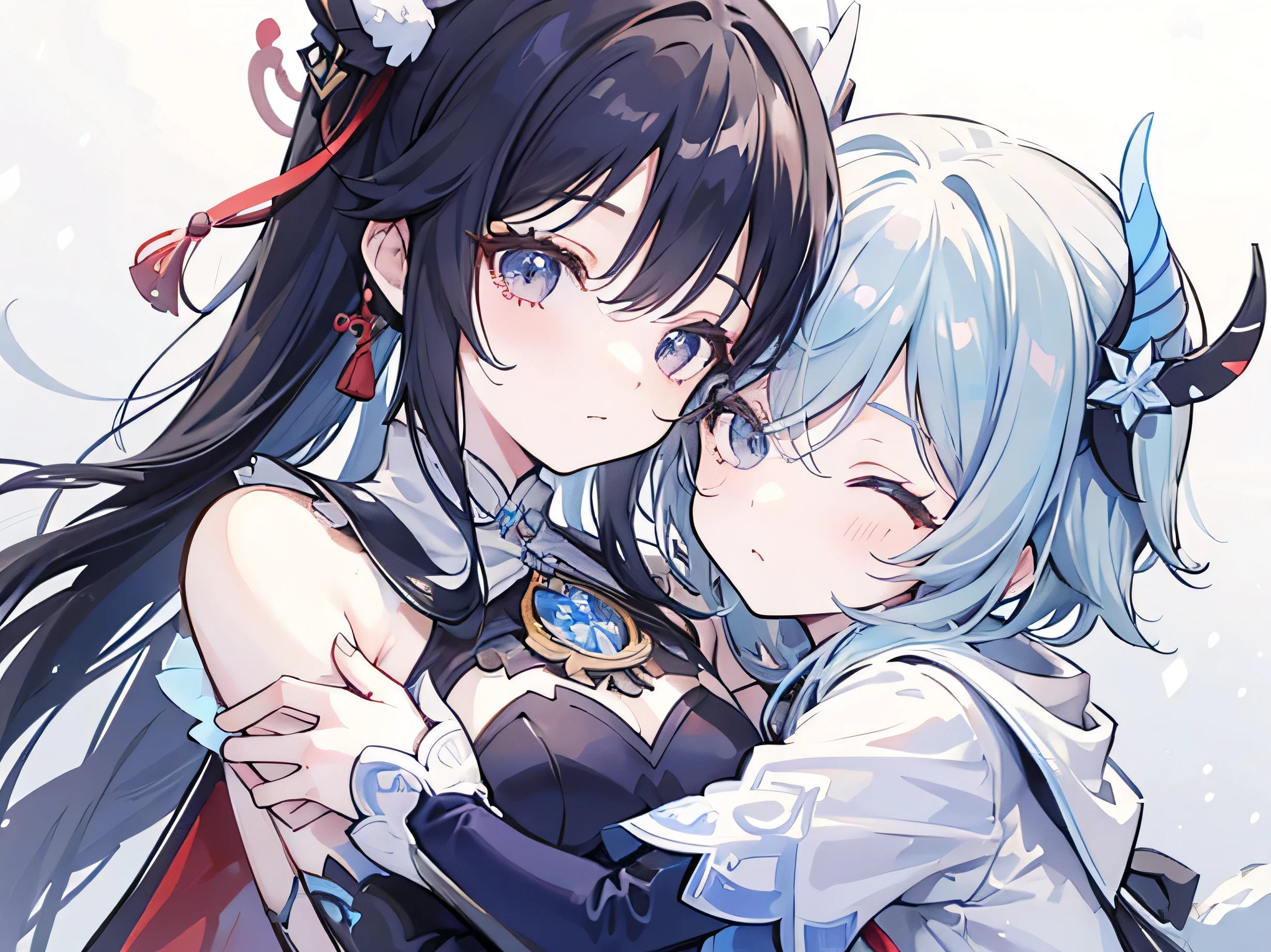 2 girls、 {{Master peace}}, {{{maximum quality}}}, {{Ultra-detail}}, {{illustration}}, short hair,Purple eyes,Black hair、military outfit、embracing each other、{{Master peace}}, short wavy hair, navy hair, black cat ear, Blue eyes、military outfit、embracing each other、Big moon in the background night sky、