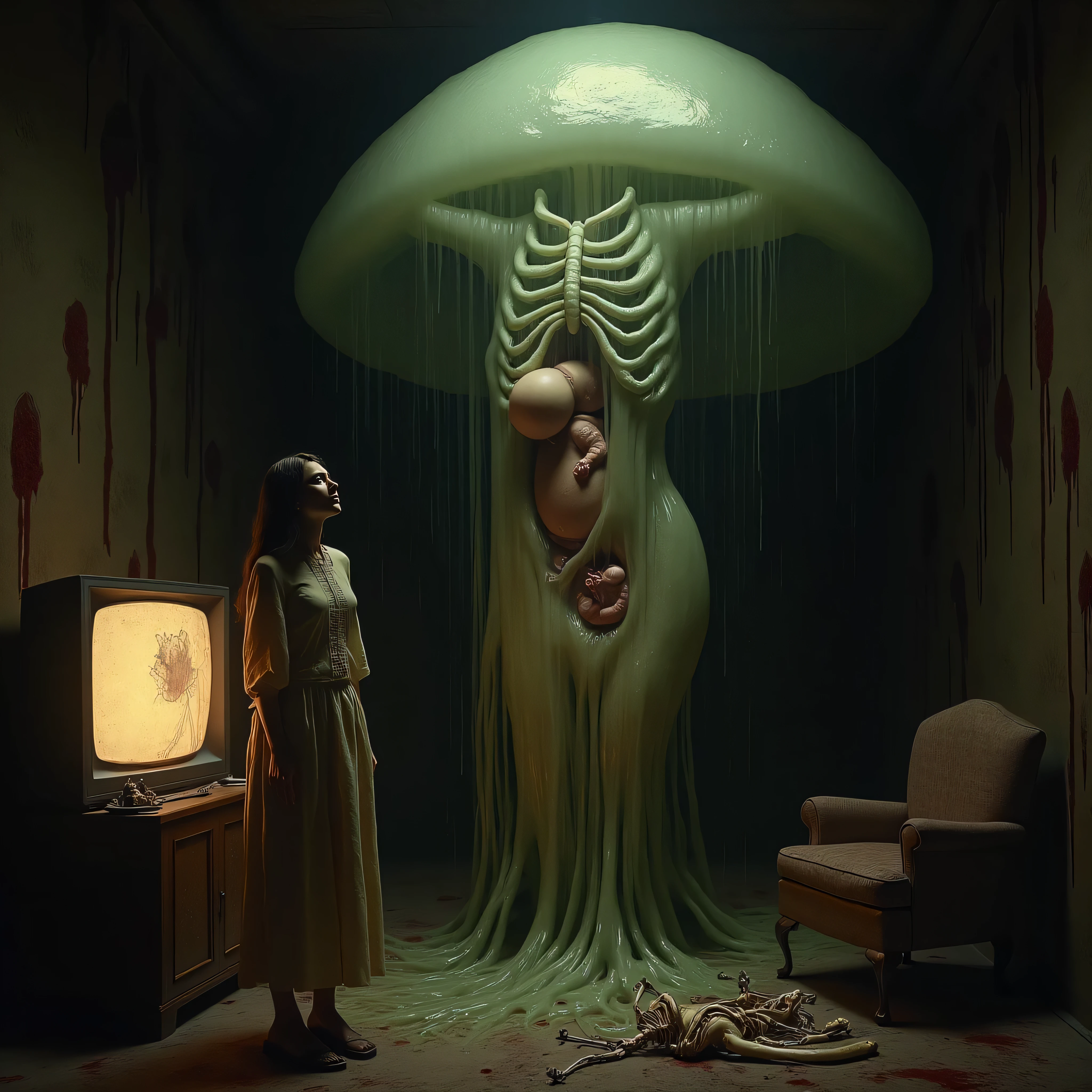 "(the best lighting, HIGH CONTRAST, dark, dramatic),(Woman next to an alien giant jelly vagina, Open the rib cage, fetus, autopsy, human bones, blood on the walls), tv on . Light Caravaggio"