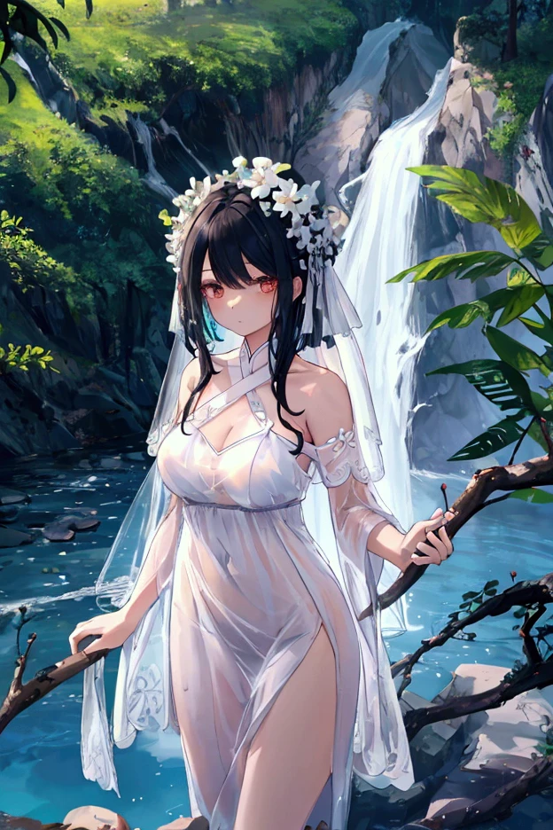 Waterfall anime female body ，Purple gray long hair，Transparent Tulle，There are a few rocks around, Tree, landscape