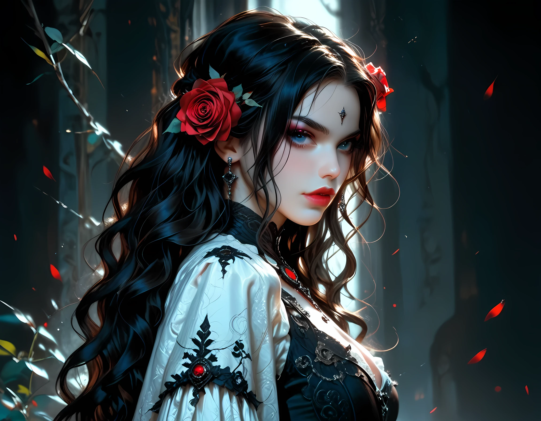 score_9, score_8_up, score_7_up, realistic, fantasy art, goth art, a portrait of a goth woman, pale white skin, Ultra detailed face, Best Detailed face, black hair, long hair, wavy hair, blue eyes, she wears a white leather dress, there are roses imprinted on the dress, red roses, high heels, full body shot, dark glamour shot