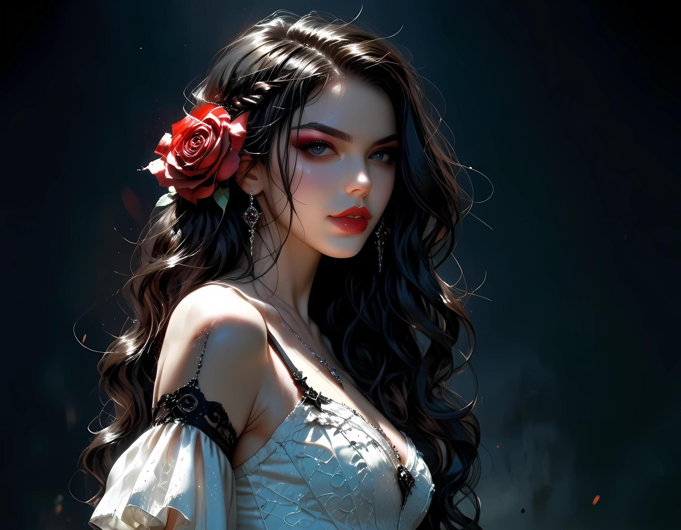 score_9, score_8_up, score_7_up, realistic, fantasy art, goth art, a portrait of a goth woman, pale white skin, Ultra detailed face, Best Detailed face, black hair, long hair, wavy hair, blue eyes, she wears a white leather dress, there are roses imprinted on the dress, red roses, high heels, full body shot, dark glamour shot