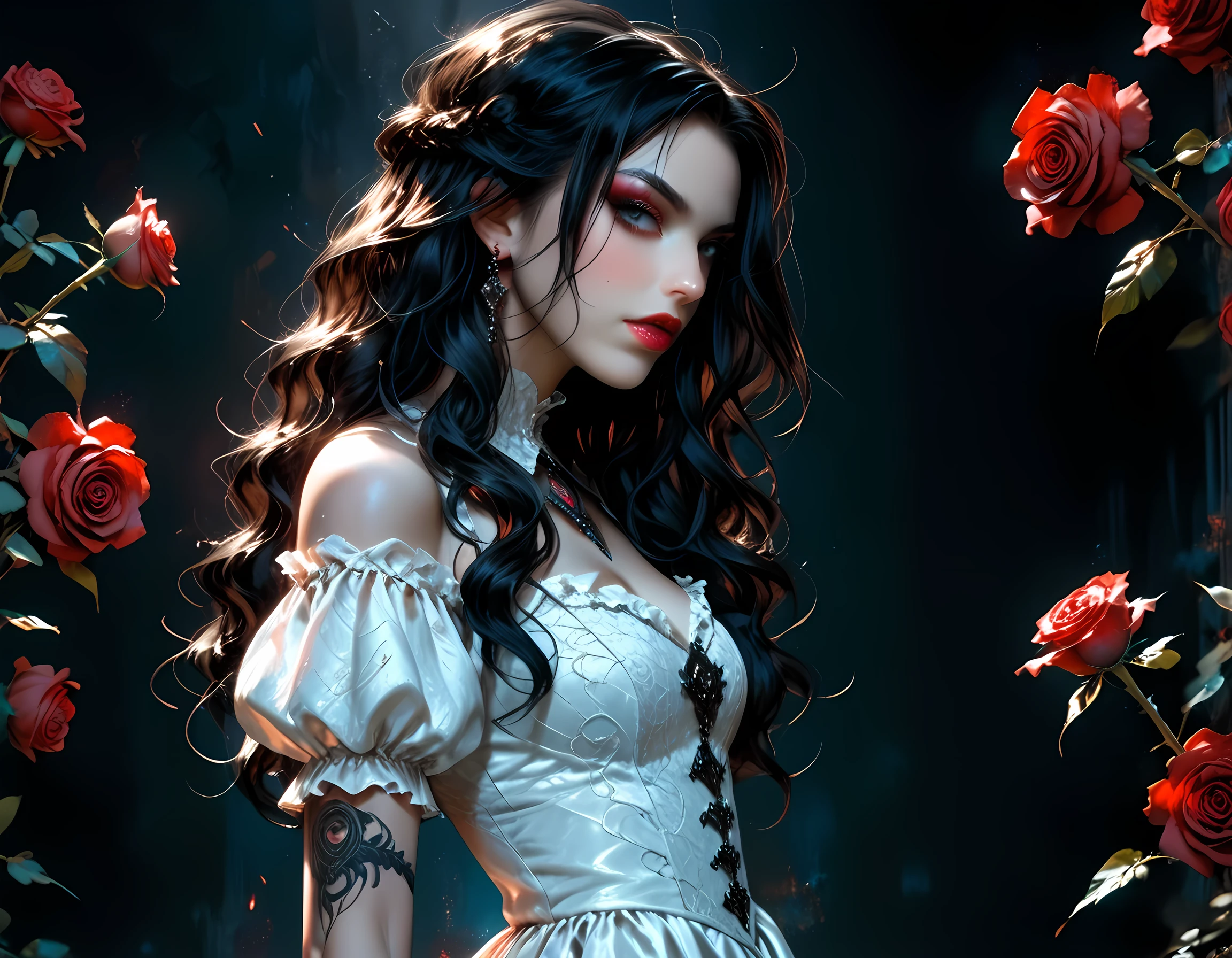 score_9, score_8_up, score_7_up, realistic, fantasy art, goth art, a portrait of a goth woman, pale white skin, Ultra detailed face, Best Detailed face, black hair, long hair, wavy hair, blue eyes, she wears a white leather dress, there are roses imprinted on the dress, red roses, high heels, full body shot, dark glamour shot