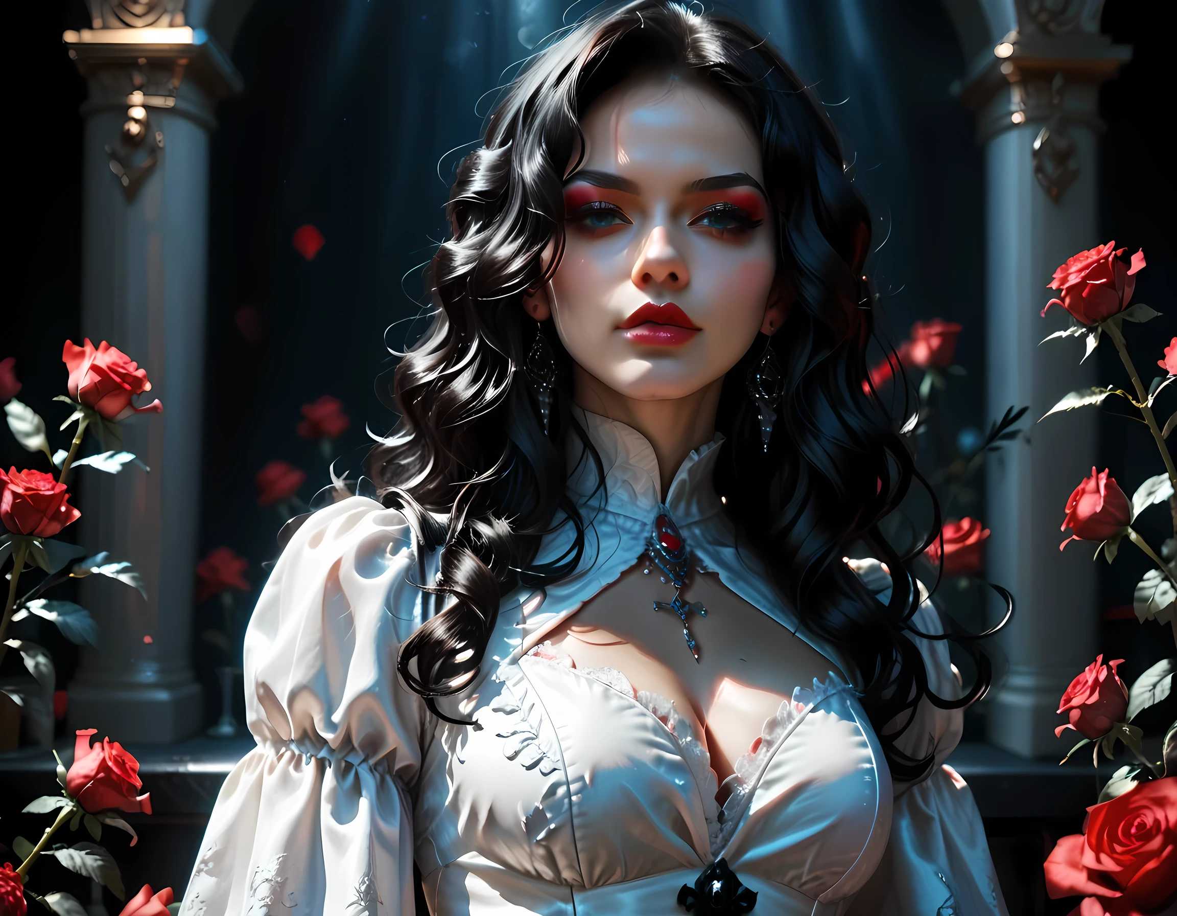 score_9, score_8_up, score_7_up, realistic, fantasy art, goth art, a portrait of a goth woman, pale white skin, Ultra detailed face, Best Detailed face, black hair, long hair, wavy hair, blue eyes, she wears a white leather dress, there are roses imprinted on the dress, red roses, high heels, full body shot, dark glamour shot