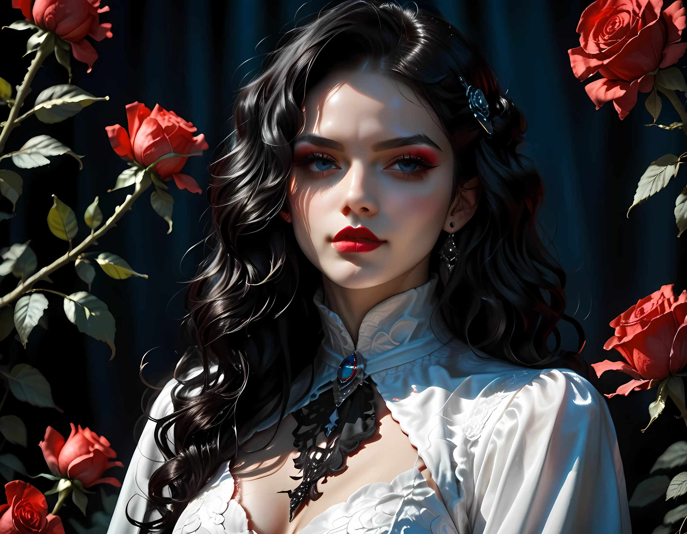 score_9, score_8_up, score_7_up, realistic, fantasy art, goth art, a portrait of a goth woman, pale white skin, Ultra detailed face, Best Detailed face, black hair, long hair, wavy hair, blue eyes, she wears a white leather dress, there are roses imprinted on the dress, red roses, high heels, full body shot, dark glamour shot