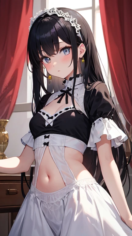 (8K、Top image quality、top-quality、masterpiece)、A detailed face、1 girl in、Dark hair、medium hair、((twintails))、black eyes、expression、a choker、Smaller chest、maid bikini、Black Micro Bikini、a navel、((a miniskirt))、White apron、frilld、cowboy shot、Luxurious room、lobby background