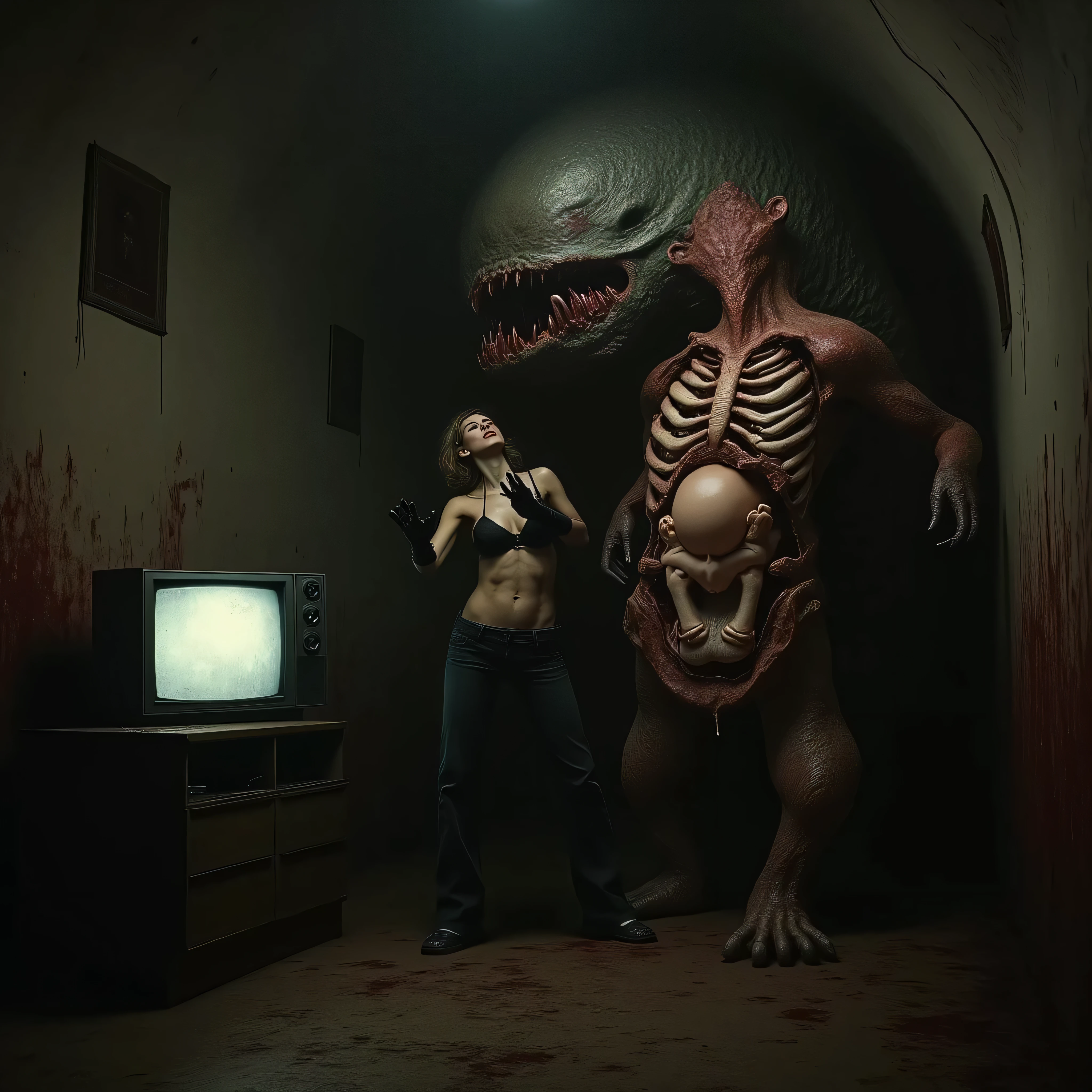"(the best lighting, HIGH CONTRAST, dark, dramatic),(Woman next to an alien viscera giant jelly vagina, Open the rib cage, fetus, autopsy, human bones, blood on the walls), tv on . Light Caravaggio"