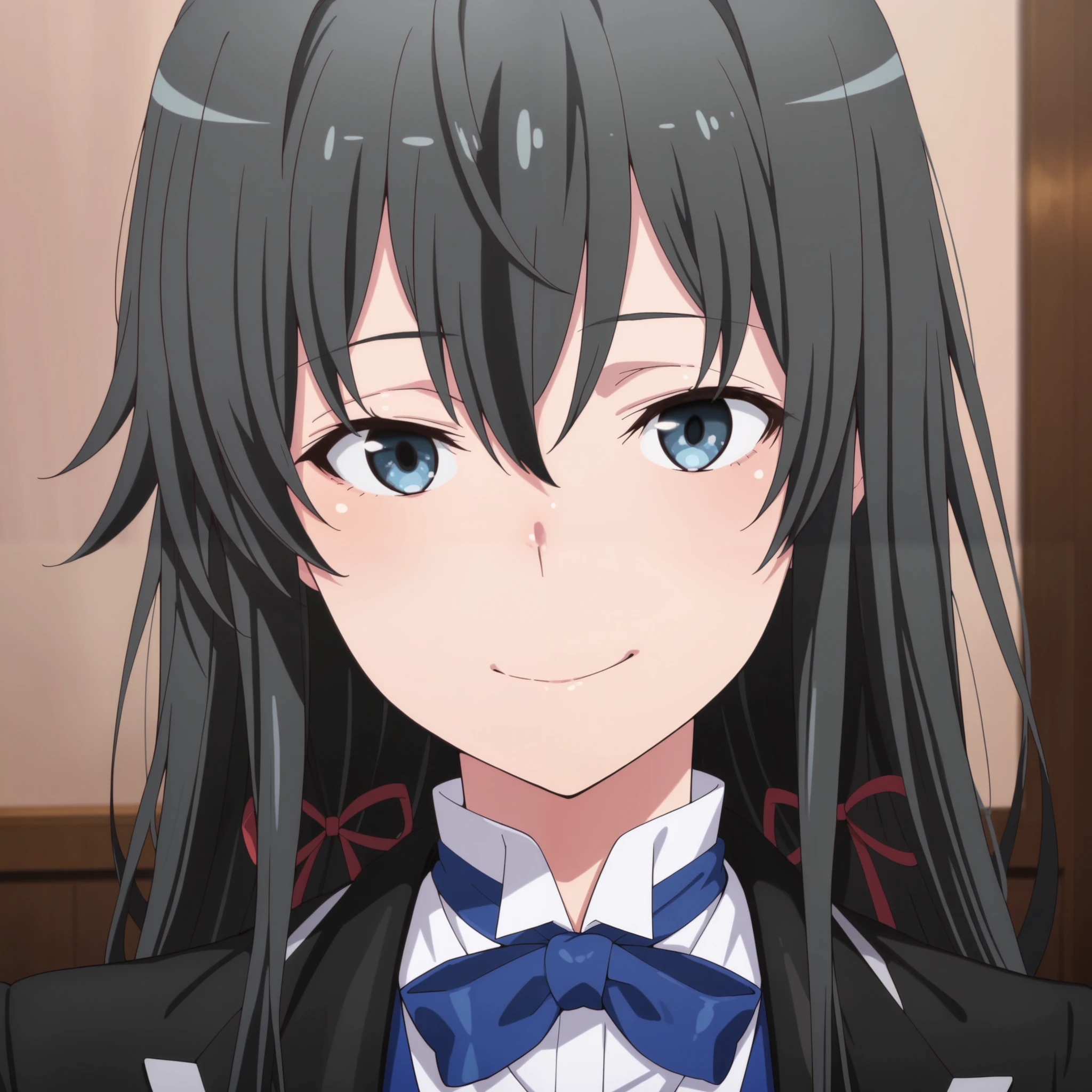 masterpiece,best quality,amazing quality, yukinoshita yukino, long hair, black hair, blue eyes, 1girl, solo,, tailored tailcoat tuxedo , , long hair, badass eyes, smile