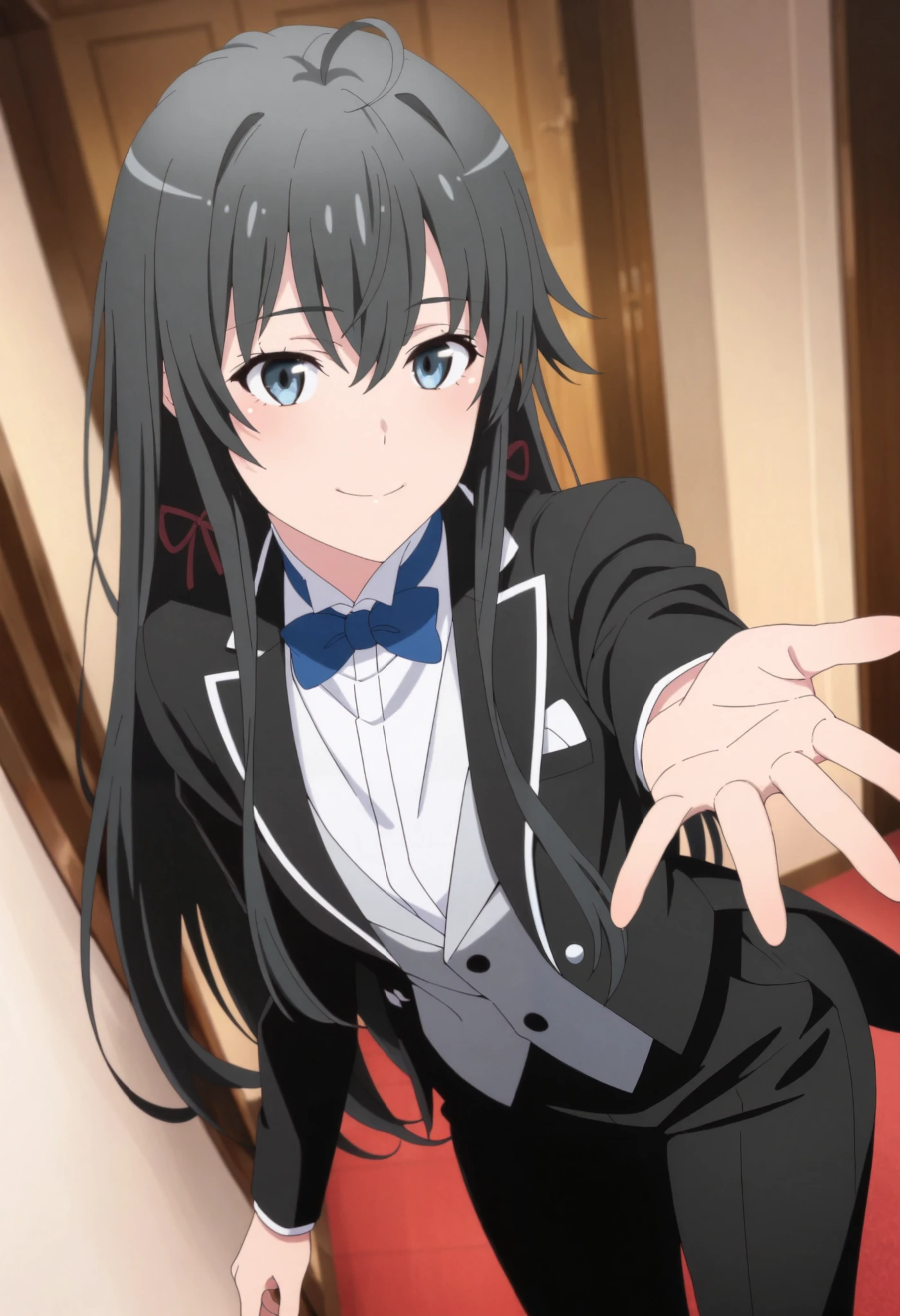 masterpiece,best quality,amazing quality, yukinoshita yukino, long hair, black hair, blue eyes, 1girl, solo,, suit tuxedo , , long hair, bangs, sidelocks, indoors, standing,happy,smile,looking at viewer, cowboy shot, blue tie woman in formal attractive suit tuxedo tailcoat standing in a large alcove in the room, reaching at viewer, badass ,