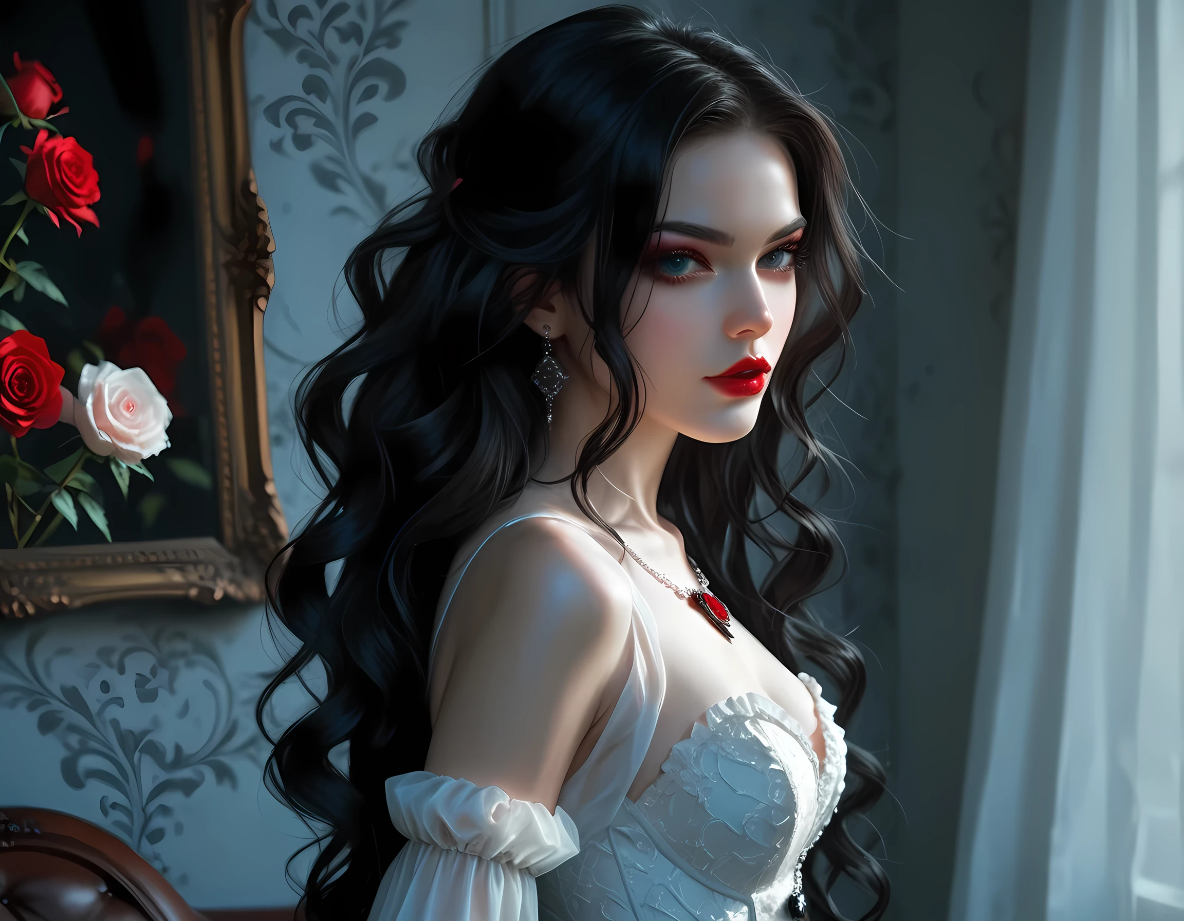 score_9, score_8_up, score_7_up, realistic, fantasy art, goth art, a portrait of a goth woman, pale white skin, Ultra detailed face, Best Detailed face, black hair, long hair, wavy hair, blue eyes, she wears a white silk dress, small cleavage, there are roses imprinted on the dress, red roses, high heels, full body shot, dark glamour shot