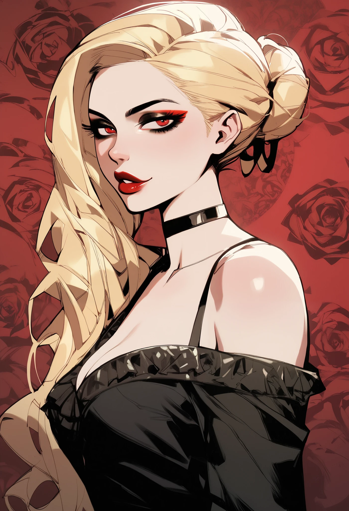 score_9, score_8_up, score_7_up, score_6_up, score_5_up, score_4_up, BREAK 1girl, intricate, Off-shoulder blouse, seductive neckline, thin strap, Yakuza outfit , (eyeliner:1.2), looking at viewer, blonde hair, red eyes, bun-cut, long hair, pink lips , pale skin, jewelry, detailed background, medium breasts (masterpiece, high quality:1),