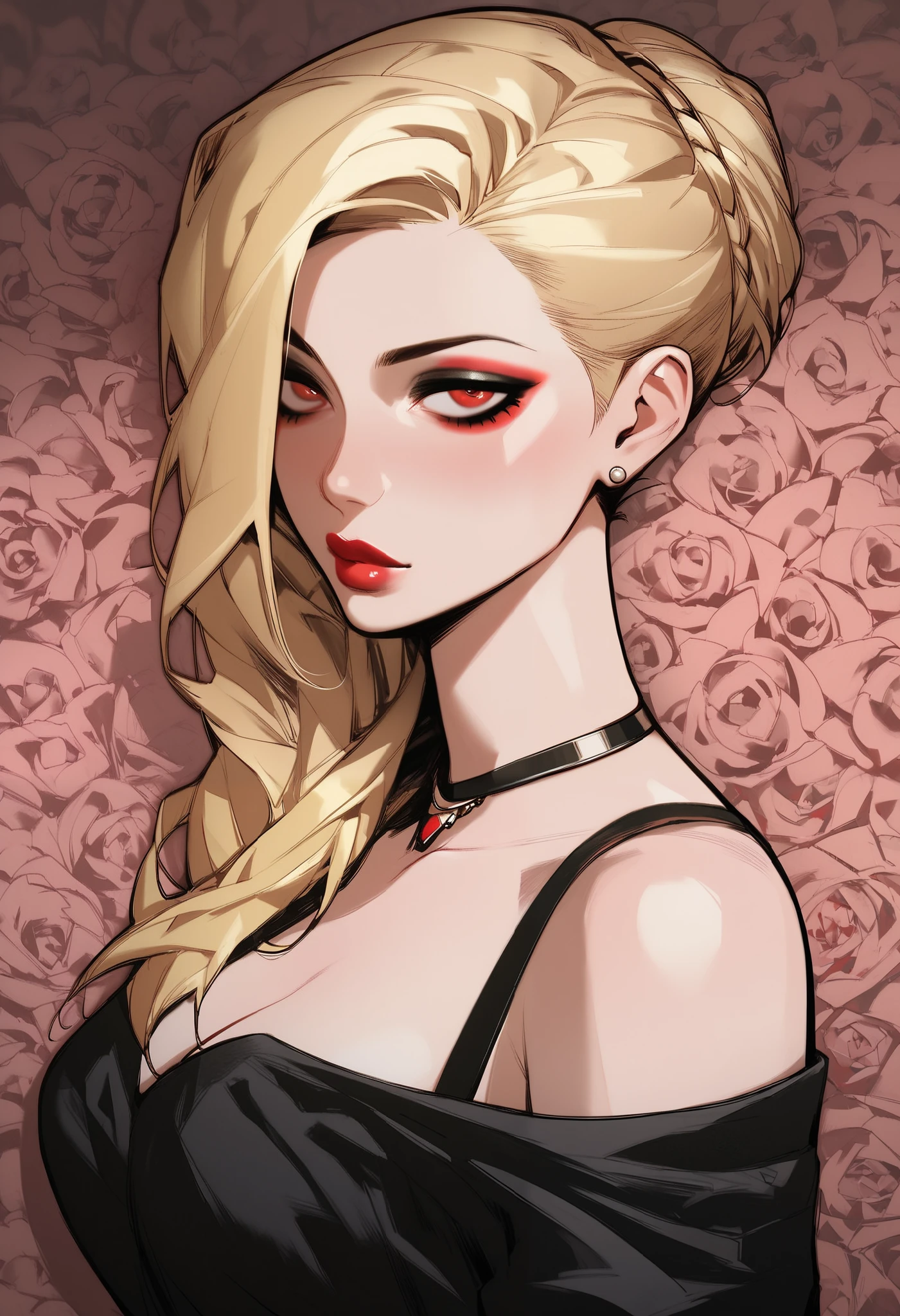 score_9, score_8_up, score_7_up, score_6_up, score_5_up, score_4_up, BREAK 1girl, intricate, Off-shoulder blouse, seductive neckline, thin strap, Yakuza outfit , (eyeliner:1.2), looking at viewer, blonde hair, red eyes, bun-cut, long hair, pink lips , pale skin, jewelry, detailed background, medium breasts (masterpiece, high quality:1),