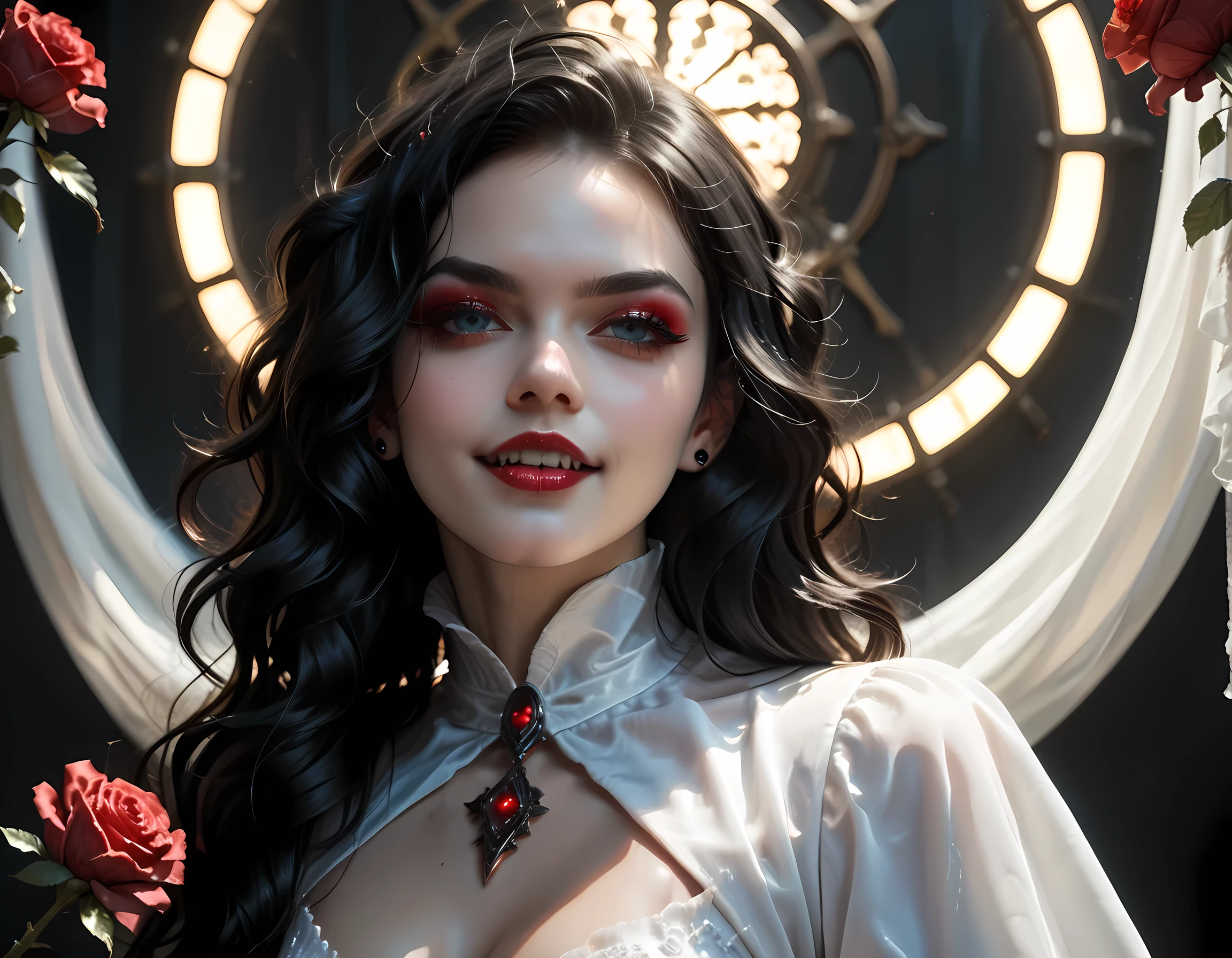 score_9, score_8_up, score_7_up, realistic, fantasy art, goth art, a portrait of a goth female vampire, pale white skin, Ultra detailed face, Best Detailed face, black hair, long hair, wavy hair, glowing blue eyes, fangs, she wears a white silk dress, small cleavage, there are roses imprinted on the dress, red roses, high heels, full body shot, dark glamour shot
