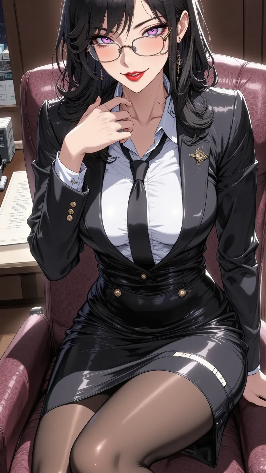 (masterpiece: 1.6, 最high quality、詳細なbackground、detailed person), (fine and beautiful eyes: 1.2), (overhead), high quality, beautiful face, 1 girl, Leather tight skirt, extra large leather jacket, big breasts, long hair, wide hips, (landscaped), street, background, Detail background, Creepy grin, smile at the corner of the mouth, long coat, shirt, tie, office lady, mature woman、in a hotel bed、(Exquisite beauty、exquisite female body、fascinating cleavage、Enchanted foothills)