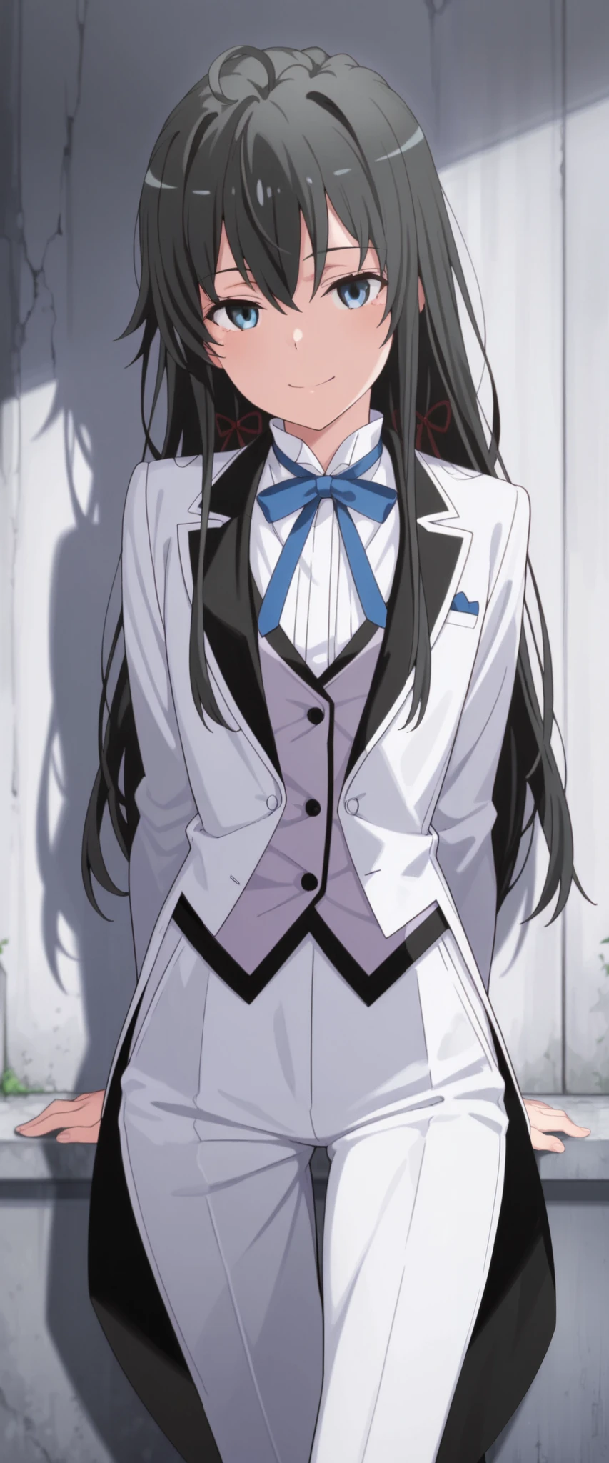 masterpiece,best quality,amazing quality, yukinoshita yukino, long hair, black hair, blue eyes, 1girl, solo,, tailored tailcoat tuxedo , , long hair, badass eyes, smile