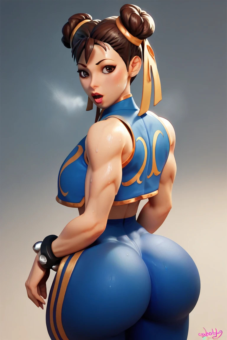 (high resolution, pixel perfect, gorgeous illustrations), (hyper quality, muste piece, etheric: 1.4), (((cowboy shot))), face focus, ((1girl)), (((Androgynous))), ((((looking back, open stance)))), cool atmosphere, black hair, ((((ponytail)))), (((Exquisite face, orgasm))), blush, ((female)), (ideal ratio body proportions, slender, flat chest), huge ass, (((spread ass))), ass focus, nsfw, (((leotard armor, thong leotard))), sweat, shiny skin, gleaming skin, simple background, spreadassms