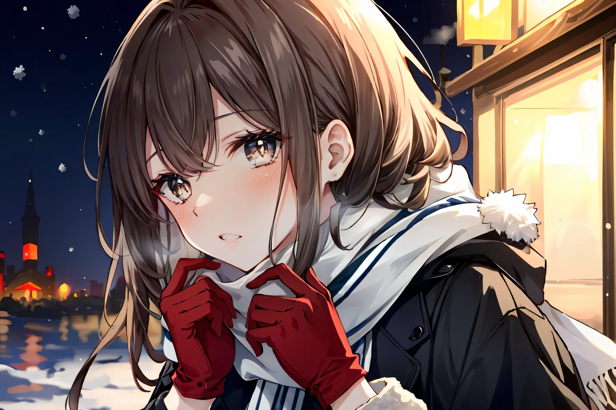 {{upper body}} {{Artist: sincos}} 1girl, mature female, blue eyes, medium length black hair, white jumpsuit with golden buttons, white belt, black cape, white bloodied gloves, blood on face, cold expression, holding wallet out, outdoors, day, alley