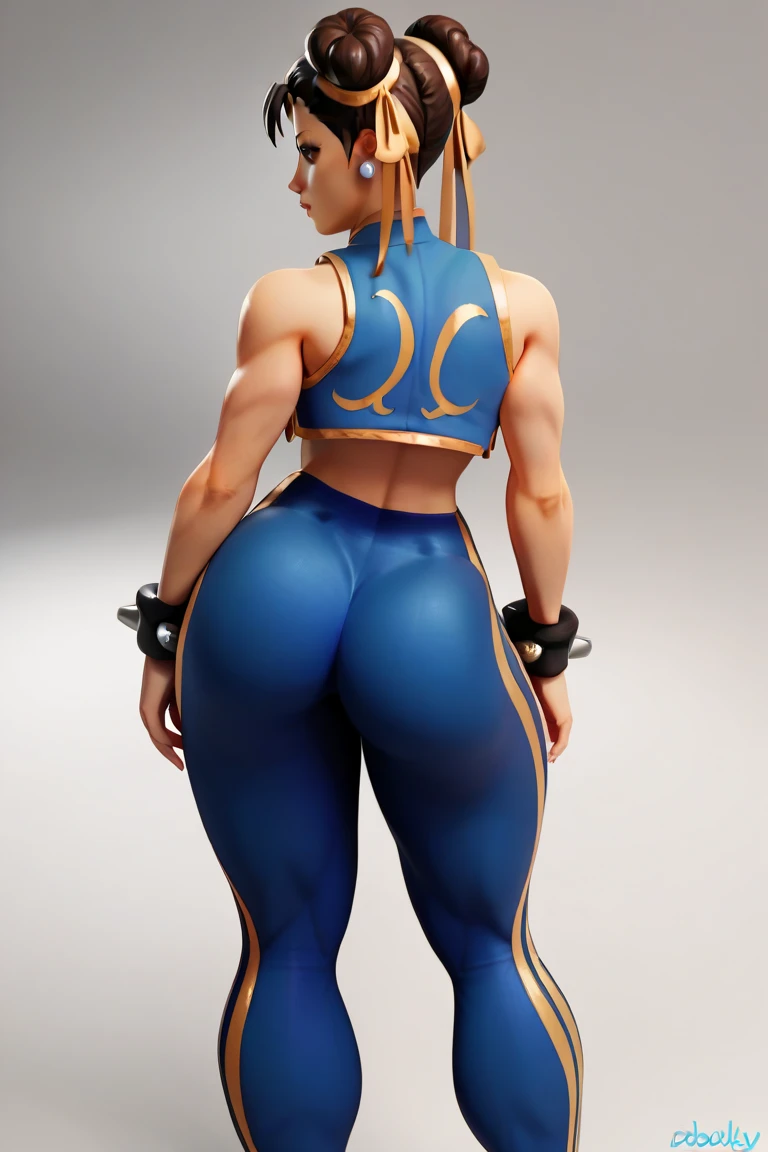 (masterpiece, best quality:1.4), (standing:1.5), 1girl, solo, sfa chun, blue vest, unitard, blue pants, skintight, yellow ribbon, short hair, sneakers, bare shoulders, (european youth  woman:1), looking at viewer, beautifull smile, beautiful face, highly detailed face, highly detailed eyes, subsurface scattering, realistic pupils, full face blush, full lips, detailed background, depth of field, volumetric lighting, sharp focus, absurdres, realistic proportions, (realistic, hyperrealistic:1.4), 16k hdr, from behind, thicc booty, perfect face,