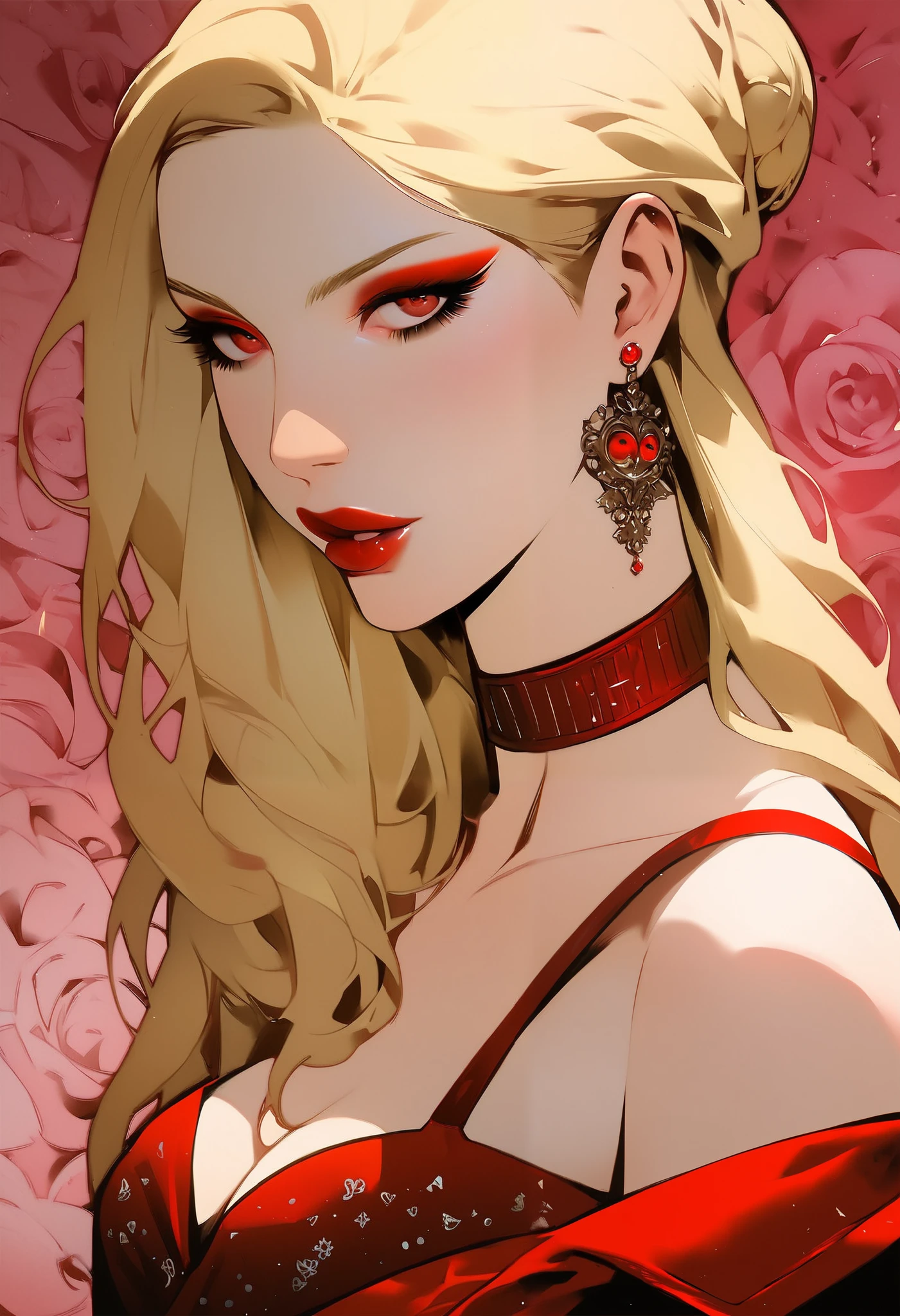 score_9, score_8_up, score_7_up, score_6_up, score_5_up, score_4_up, BREAK 1girl, intricate, Off-shoulder blouse, seductive neckline, thin strap, Yakuza outfit , (eyeliner:1.2), looking at viewer, blonde hair, red eyes, bun-cut, long hair, pink lips , pale skin, jewelry, detailed background, medium breasts (masterpiece, high quality:1),