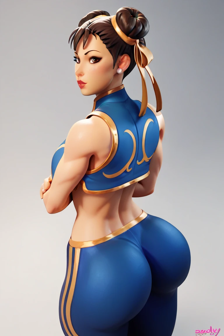 Create a Chun-Li, de Street Fighter 2, 20 year old with full breasts, 80 year old grandma, young woman, very big and round ass, lightly muscular style, Chun-li wearing the classic uniform