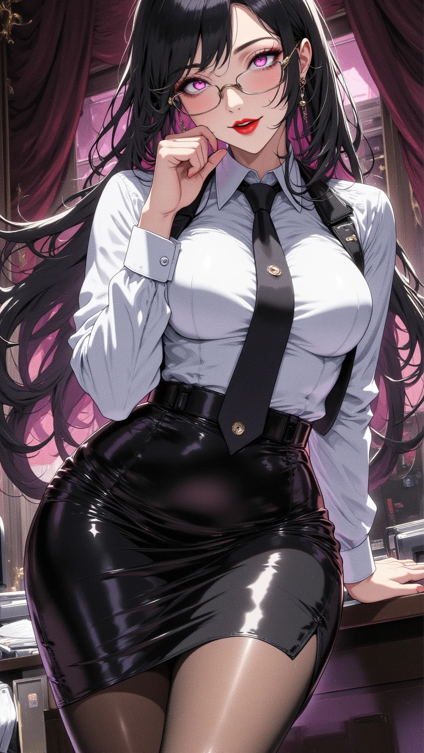 (best quality:1.5, highres, UHD, 4K, detailed lighting, shaders), black floral haired, gradient hair, large breasts, suit, gray shirt, social shirt, short skirt, mature woman , (pov), white background, colorful eyeshadow, dramatic lighting, sparkling eyes, sensual expression, golden earrings, flowing hair, delicate facial features, dark skinned, high cheekbones, urban setting, white background, dont look for the camera, lean forward,