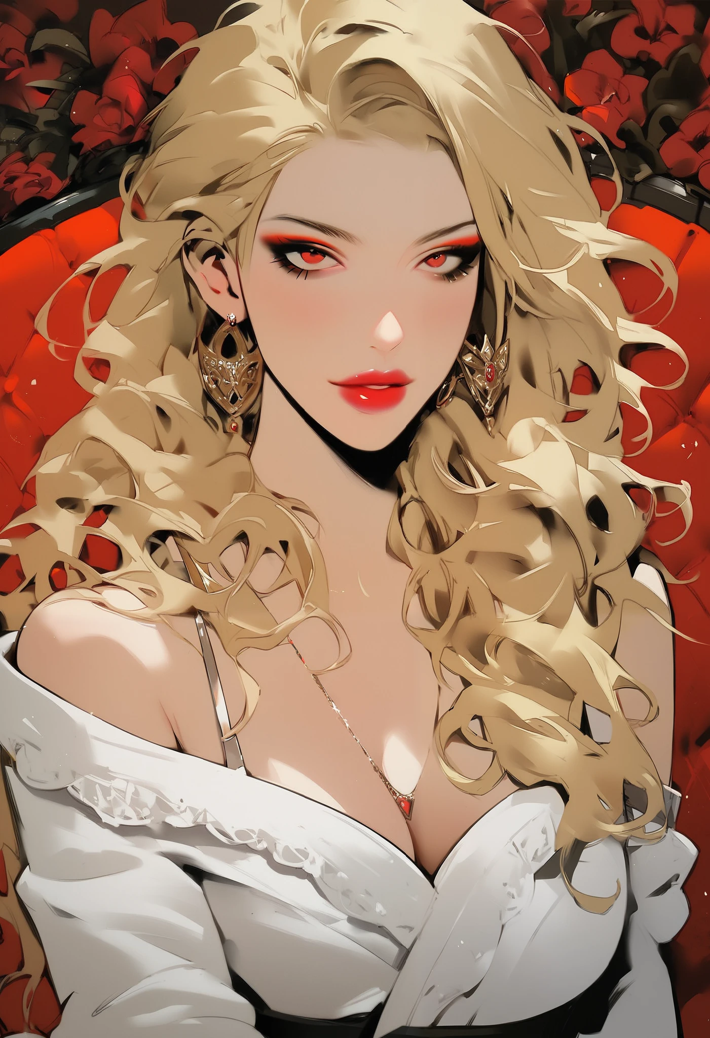 score_9, score_8_up, score_7_up, score_6_up, score_5_up, score_4_up, BREAK 1girl, intricate, Off-shoulder blouse, seductive neckline, Yakuza outfit , (eyeliner:1.2), looking at viewer, blonde hair, red eyes, Loose hair, long hair, pink lips , pale skin, jewelry, detailed background, big breasts (masterpiece, high quality:1),