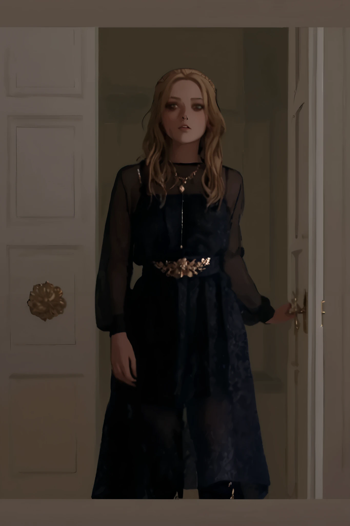 , solo Billie Lourde, British (Tekken, Blonde hair with loose hair , wavy, browns eyes , strong), Wearing a sexy black dress, sitting in bed , looking to the side , bare shoulders, In a European mansion Animated style, Detailed pants.