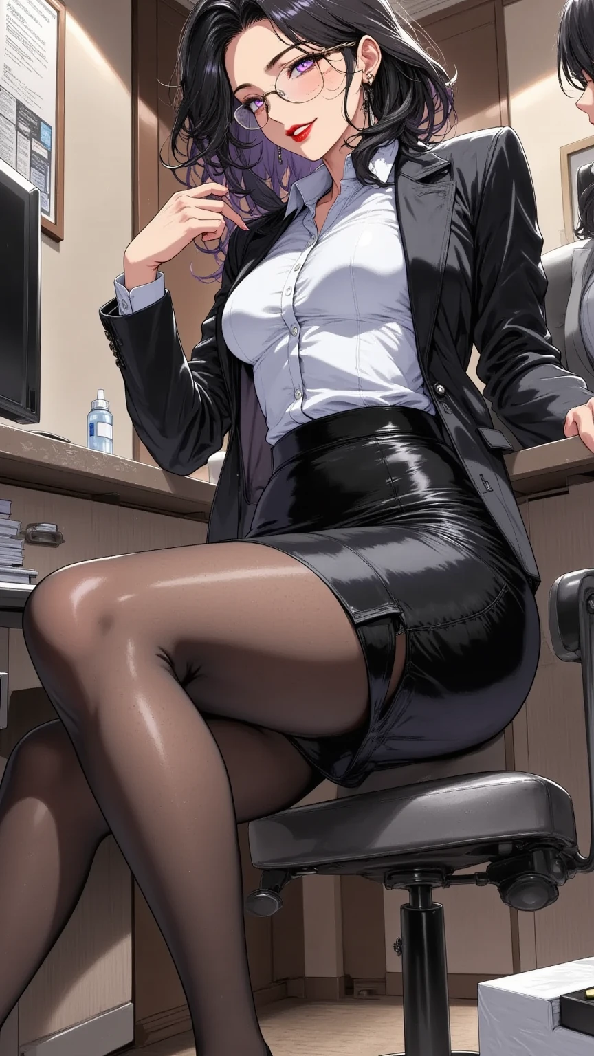 ((Crossing your legs))、(In-house)、((machine))、suit,Office Lady Cosplay, ((mini skirt)), ((Long Hair)),Ultra-high resolution, Mature Woman, Very detailed,Perfect hands, Detailed fingers, Beautiful fine details,Black choker, Earrings,(garter belt), (Black Stockings),Perfect Eyes, Seductive eyes,