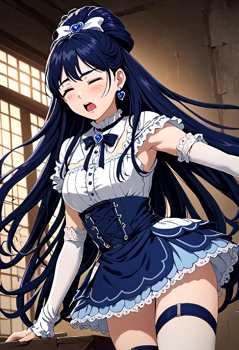 ( she is suffering from being bitten on her arm by a man:1.5)、Whitening, hair ribbon,Chest Ribbon, big ribbon,  mini skirt,  white choker , thigh straps,   elbow gloves , Heart Brooch, heart earrings,Detailed hairstyles and outfits, long flowing dark blue hair , White and blue ruffled dress,  White Gloves and Boots ,  blanking,  I feel pain , He is suffering from being bitten on the arm by an enemy., Dynamic and intense scene , Background with sound waves,  eyes closed , Masterpiece,  best quality ,  high definition background,  Perfect Lighting , ( beautiful,  best quality : 1.1), Masterpiece, perfect eyes, ( beautiful), ( erotic : 1.2),「Preserving basics 04」 best quality , The Greatest Masterpiece,８Ｋ, raising a voice of joy while closing her eyes and nagging indecently to the intense pleasure of sexual climax,