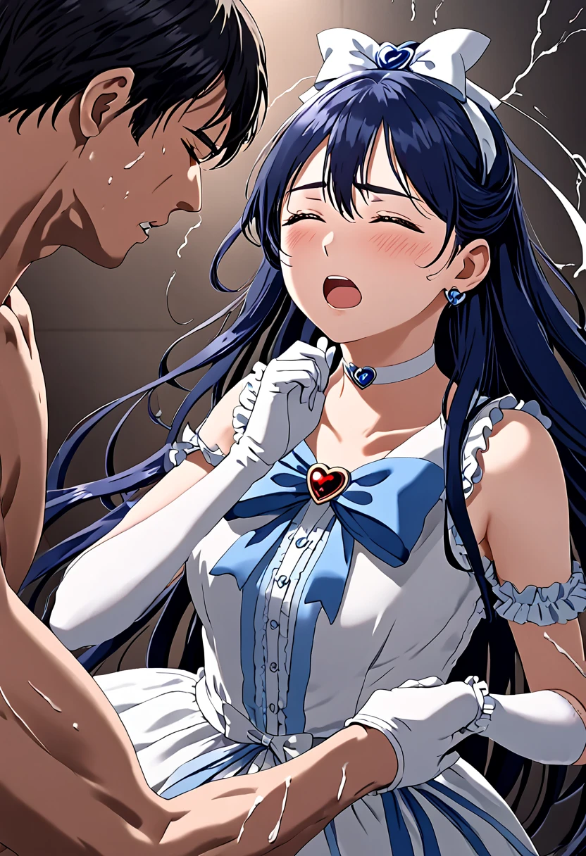 (Suffering from being held by a muscular man:1.5)、Cure White,hair ribbon,Chest ribbon,big ribbon, mini skirt, white choker, thigh straps, elbow gloves, heart brooch,Heart Earrings,detailed hair and outfit, long flowing dark blue hair, white and blue frilly dress, white gloves and boots, blushing, feeling pain, suffering from arm being bitten by enemy, dynamic and intense scene, background with sound waves, eyes closed, masterpiece, best quality, highly detailed background, perfect lighting, (beautiful, best quality: 1.1), masterpiece, perfect eyes, (beautiful), (erotic: 1.2)
