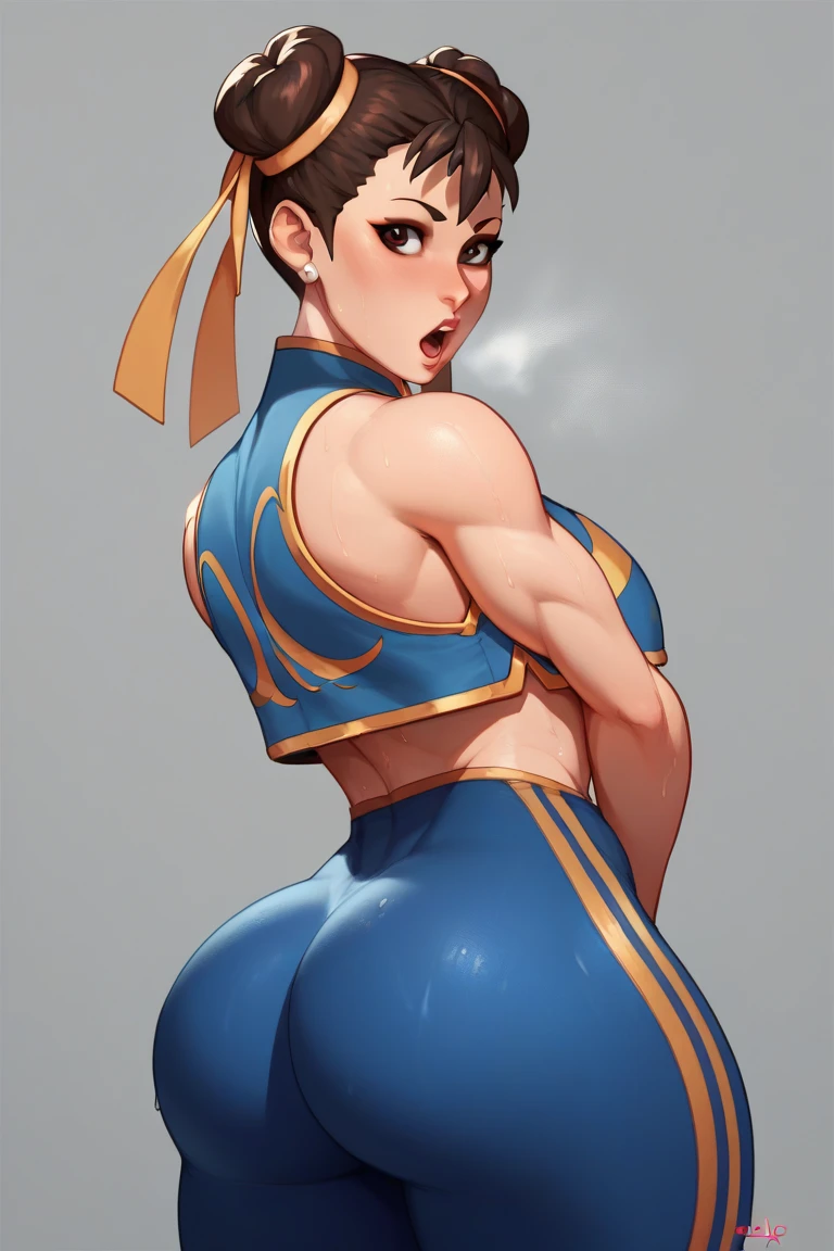 woman in her 20s, chun rim, (perfect face), defined jaw line, beautiful brown eyes, beautiful lips, (short brown hair, bun hair, double good), (perfect anatomy), (sports body), (sexy), (thick thighs), (perfect hands), (blue cheongsam dress), tight blue track pants, pointed bracelet, looking at the viewer, (medium full shot photo), (fighting arena background), realistic、{dark skin girl} , prowrestling costume ,short hair,silver hair,evil grin ,,{{squatting}},vaginal penis, nsfw , cowgirl position,pov, on the stage ,{{looking back}},{clothes aside},,skin tight,from side,highleg,vaginal cum,lying man