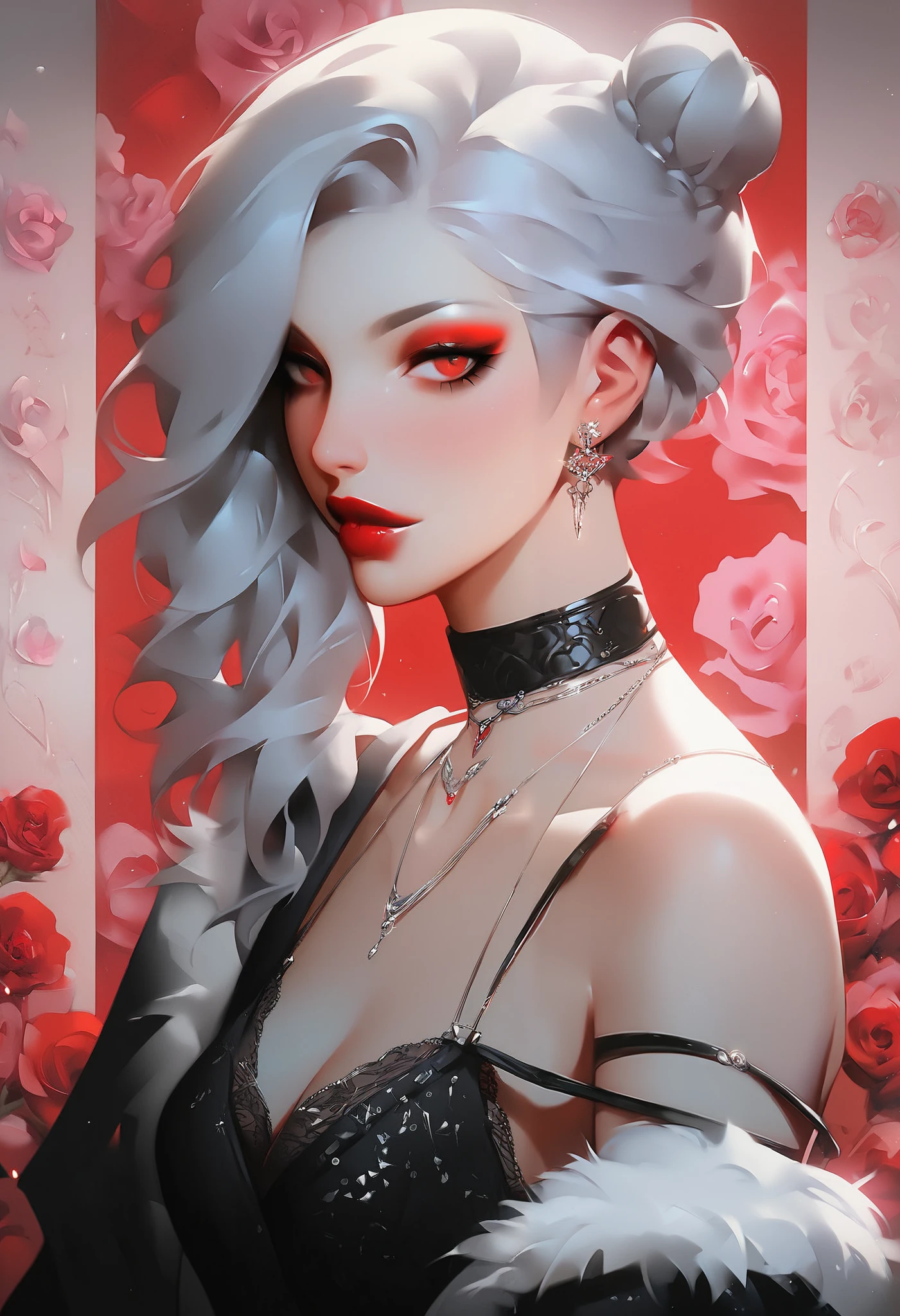 score_9, score_8_up, score_7_up, score_6_up, score_5_up, score_4_up, BREAK 1girl, intricate, Off-shoulder blouse, seductive neckline, thin strap, Yakuza outfit , (eyeliner:1.2), looking at viewer, silver hair, red eyes, bun-cut, long hair, pink lips , pale skin, jewelry, detailed background, medium breasts (masterpiece, high quality:1),
