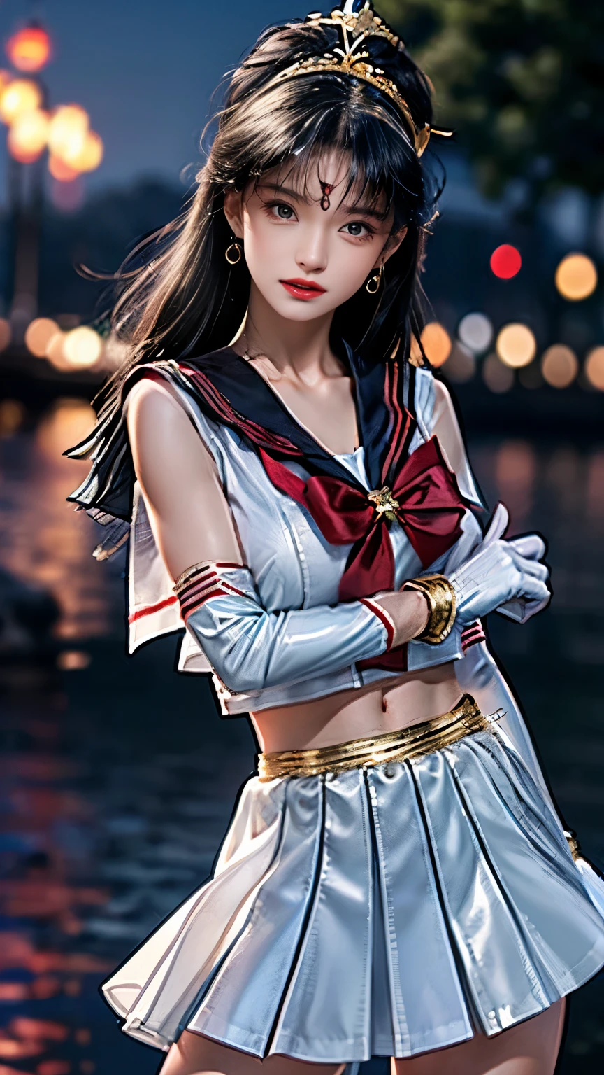 (Extreme detail CG Unity 8K wallpaper, masterpiece, highest quality), (exquisite lighting and shadow, highly dramatic picture, cinematic lens effect), (Sailor Moon: 1.1), charming smile, double tail, blue eyes, black hair, tight top, RED gloves, mini skirt, dynamic pose), the background is the universe (excellent detail, excellent lighting, wide angle), (excellent rendering, enough to stand out in its class),all,whole body,whole