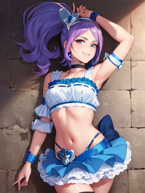 (masterpiece, best quality:1.2), looking at viewer, corrupta, upper body, latex, parted lips, purple eyeliner, 1girl, solo, (cure berry:1.2), precure, wrist cuffs, blue skirt, side ponytail, blue hair, blue boots, (gem), heart shaped, hairband, thighhighs, navel, blue ribbon, nodded head, frill, layered skirt, naughty face, evil grin, smirk, blush, cleavage, sagging breast, large breast, wide hips, thick thighs