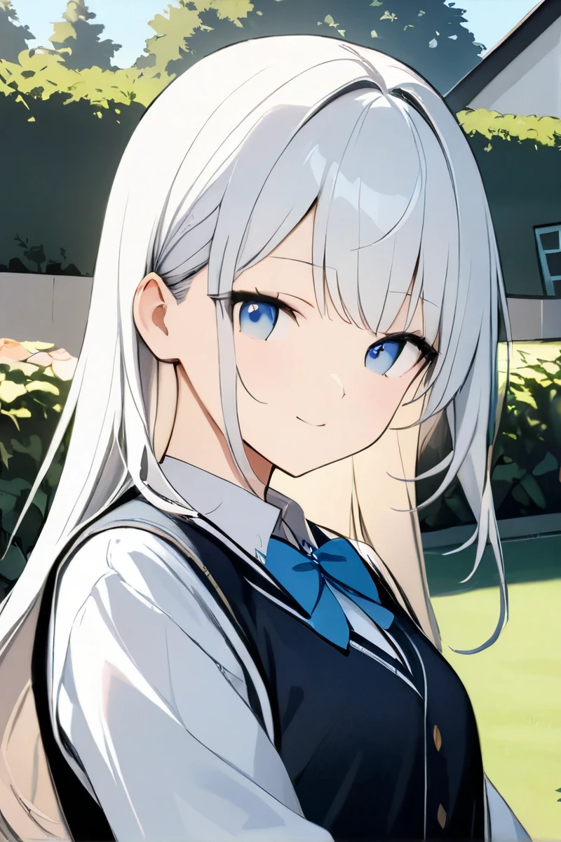 white hair、(( Surprisingly absurd )),(masterpiece:1.2),超 high resolution, meticulous detail , High quality, high resolution, 最High quality, 4K, 8k、wink, boy、 very short hair 、high school girl、garden, long straight hair, blue eyes