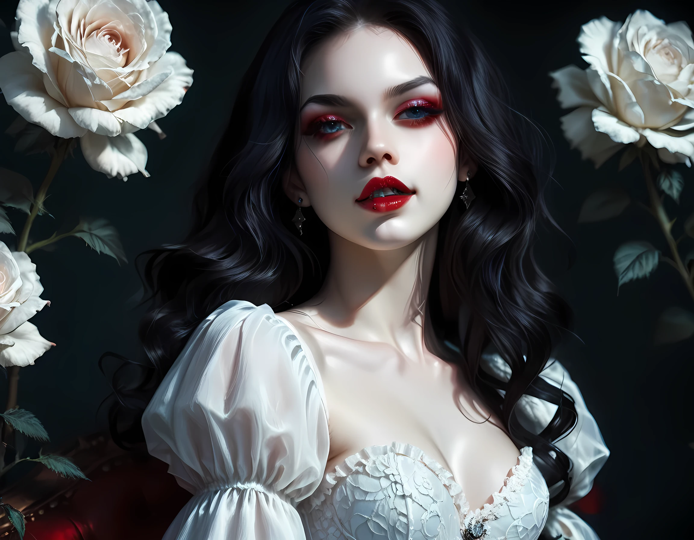 score_9, score_8_up, score_7_up, realistic, fantasy art, goth art, a portrait of a goth female vampire, pale white skin, Ultra detailed face, Best Detailed face, black hair, long hair, wavy hair, glowing blue eyes, fangs, she wears a white silk dress, small cleavage, there are roses imprinted on the dress, red roses, high heels, full body shot, dark glamour shot, fangs out