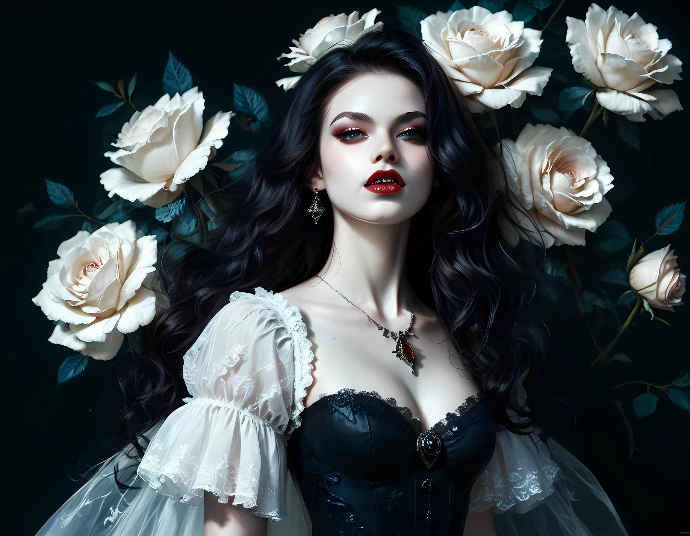 score_9, score_8_up, score_7_up, realistic, fantasy art, goth art, a portrait of a goth female vampire, pale white skin, Ultra detailed face, Best Detailed face, black hair, long hair, wavy hair, glowing blue eyes, fangs, she wears a white silk dress, small cleavage, there are roses imprinted on the dress, red roses, high heels, full body shot, dark glamour shot, fangs out