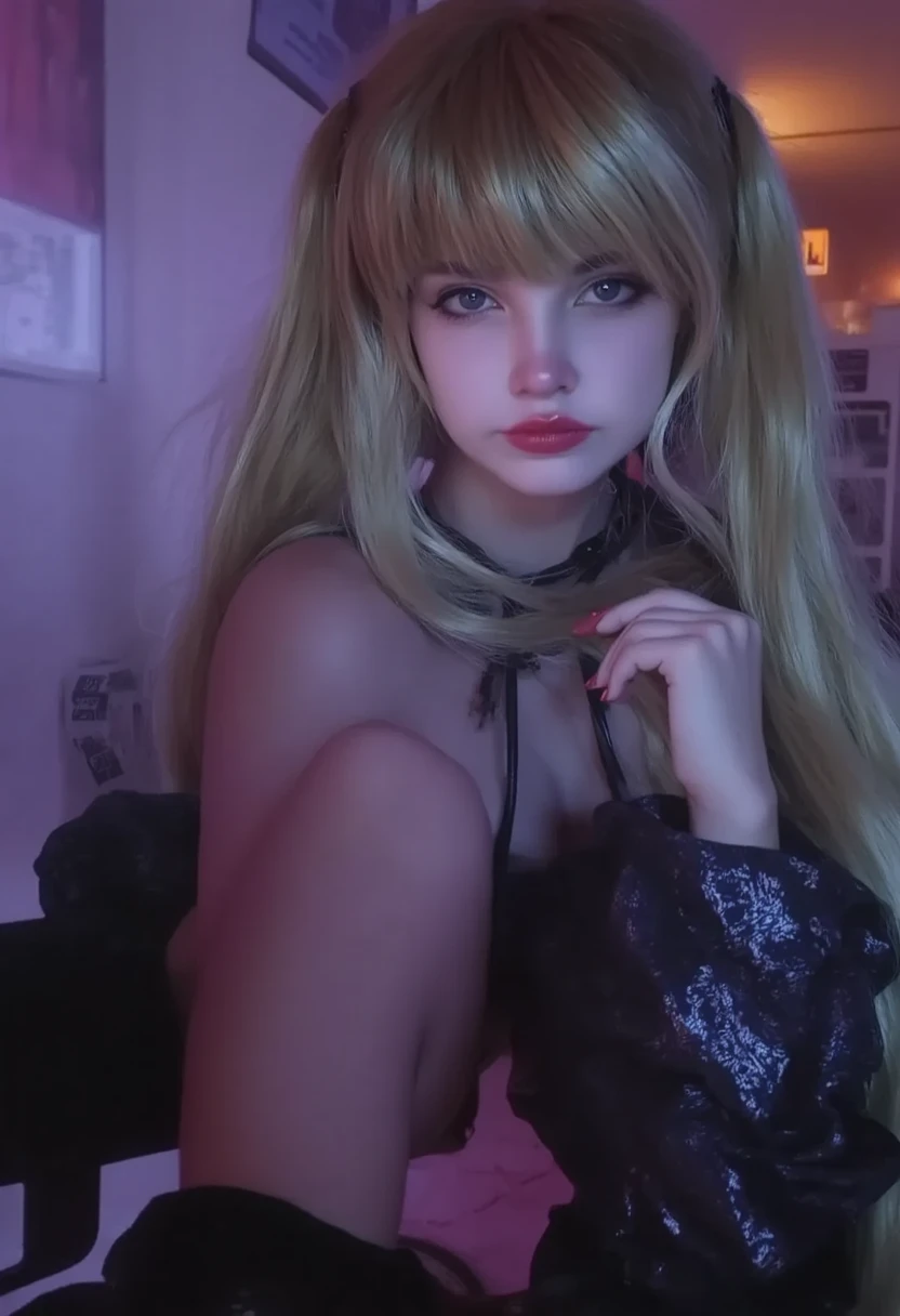 light yellow hair, loose, curly ends, blue eyes, teenage girl, white long sleeves, white miniskirt with pink elements, cute room with soft toys in the background. small breasts, thin waist