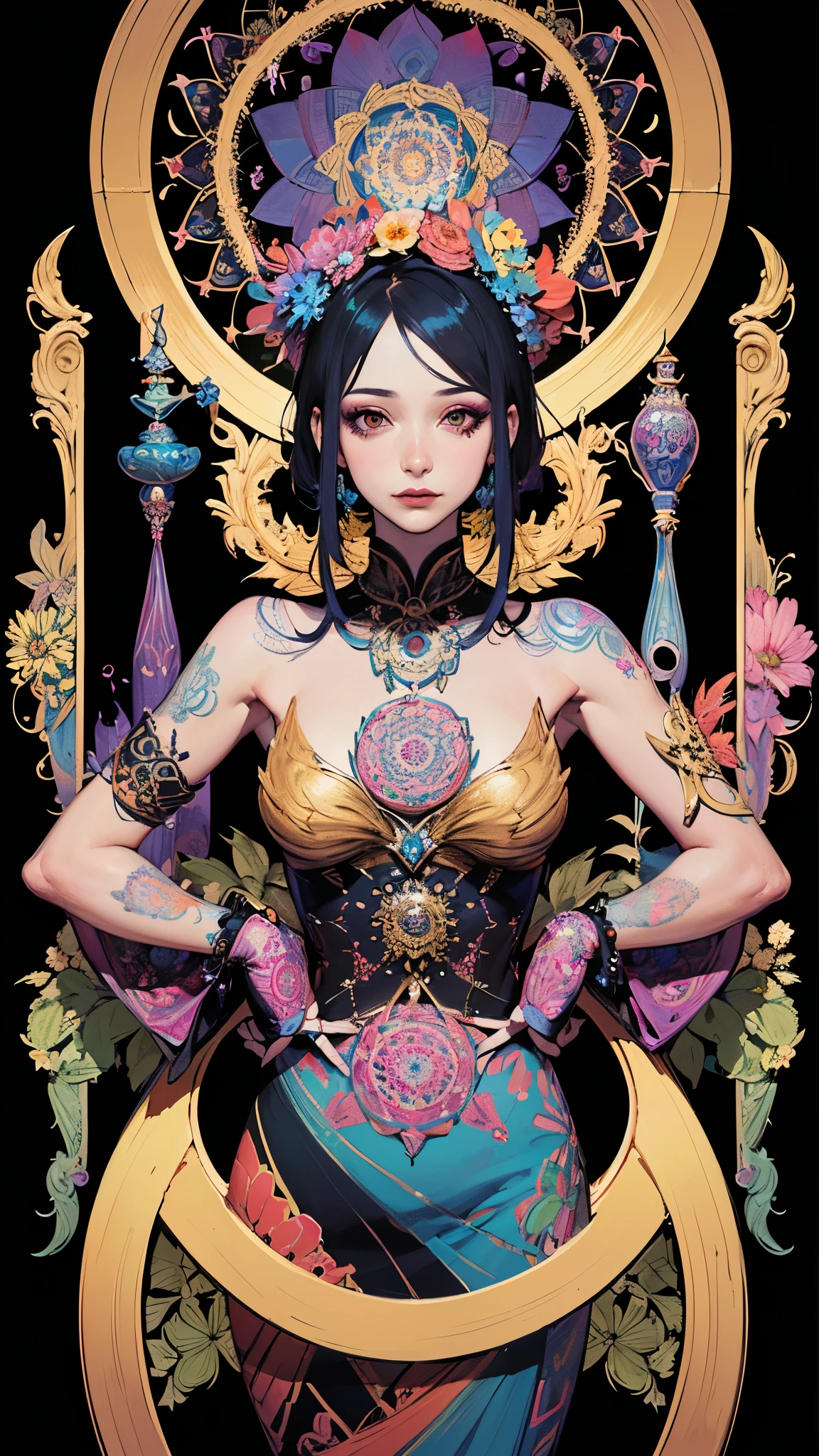 (One girl casts magic)、(Tsukuyomi:1.2)、Woman wearing multiple layers all over her body、(Magnesium heavy metals:1.2)、(Priestess clothing with intricate patterns:1.2)、no underwear、Sit in the lotus position、perfect anatomy、Shingon Esoteric Buddhism Worldview、Detailed mandala background、glowing skin、nipple、Short Bob Cut Hair、Nicely aligned neckline、full body、 ArtGerm、Super detailed、Intricate and detailed art of color trends in the Art Station Triad、intricate details、8K resolution